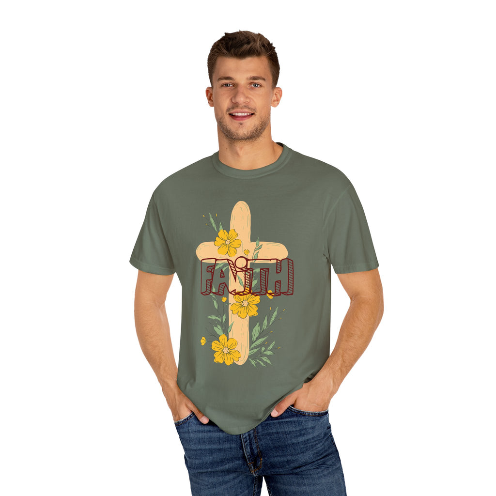 Faith Cross Floral T-Shirt — Christian Inspirational Tee with Yellow Flowers