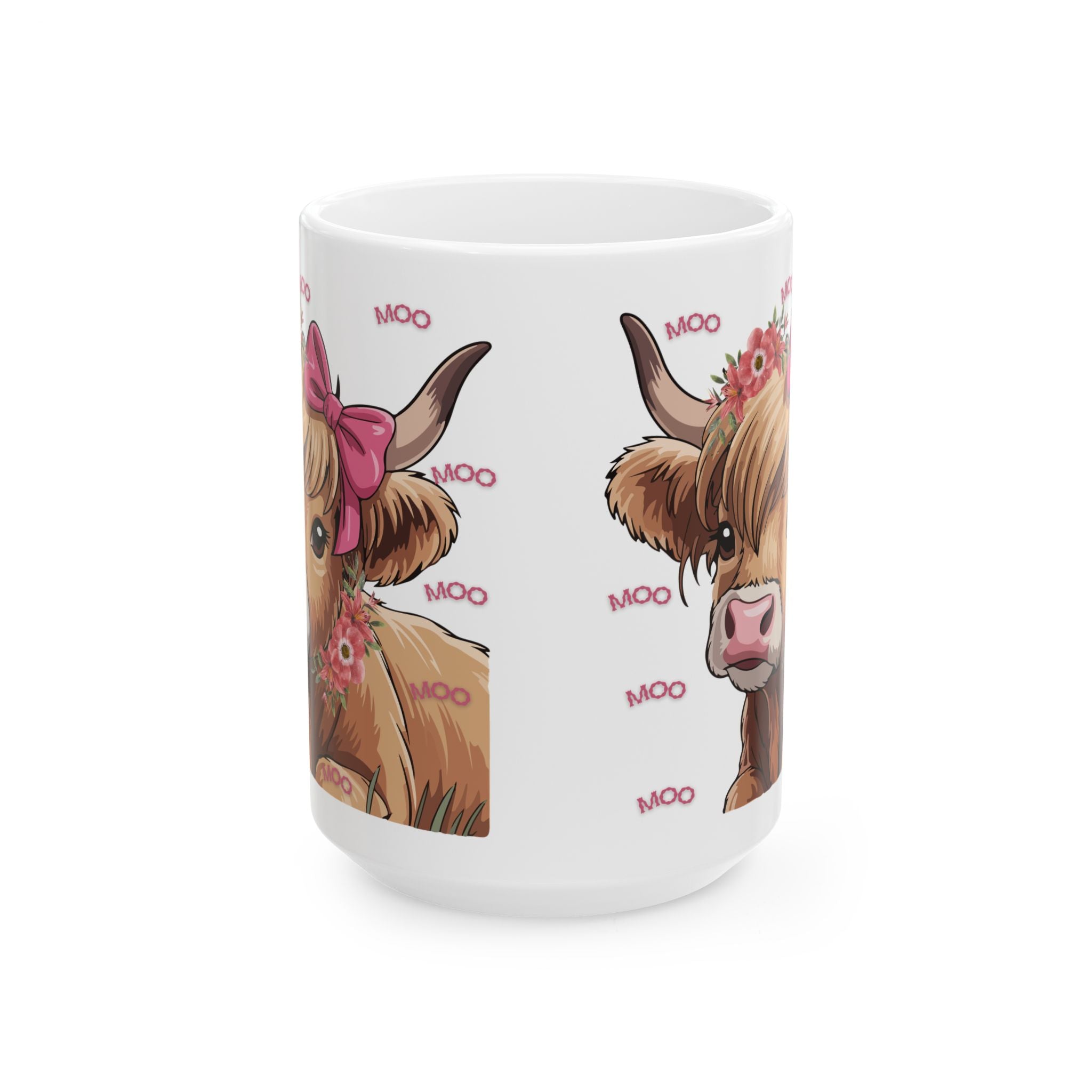 Highland Cow Ceramic Mug (11oz/15oz) — Cute Floral ‘Moo’ Cow Coffee Cup