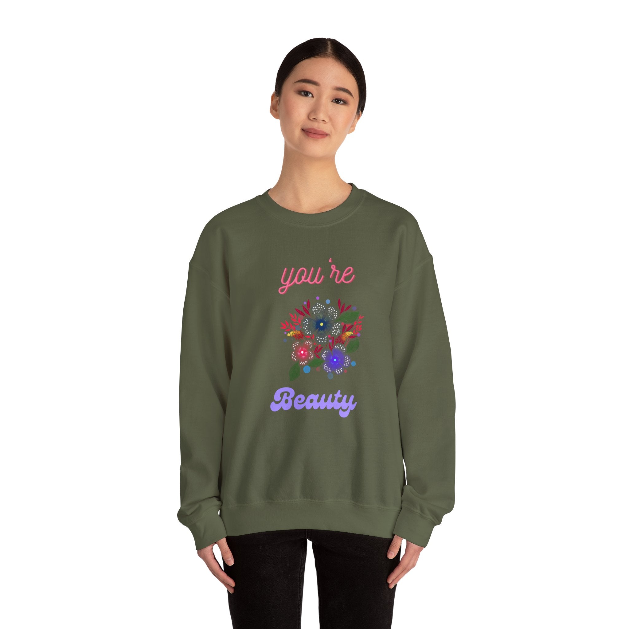 You're Beautiful Sweatshirt - Cozy Crewneck, Gift for Her, Floral Design, Spring Fashion, Self-Love Apparel