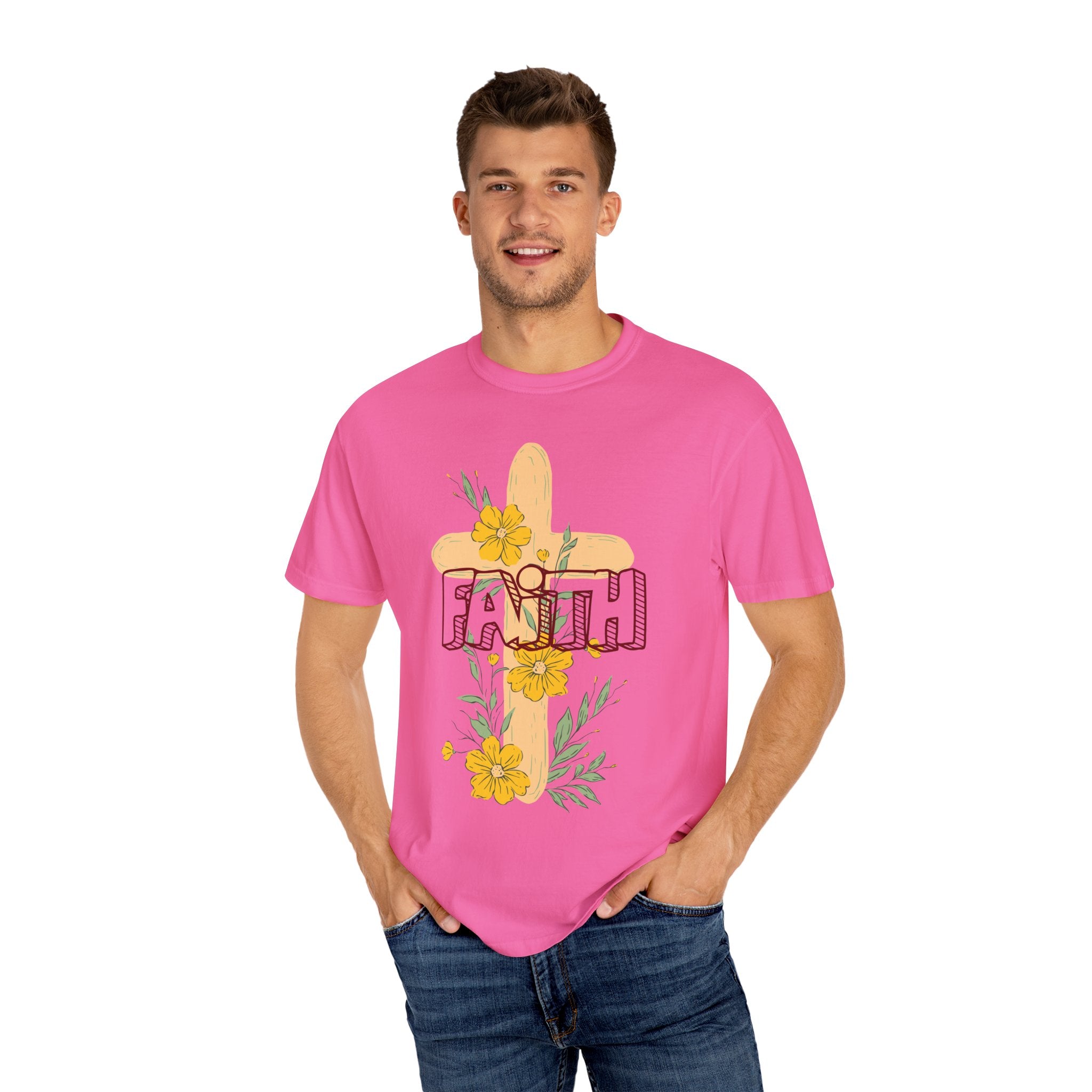 Faith Cross Floral T-Shirt — Christian Inspirational Tee with Yellow Flowers