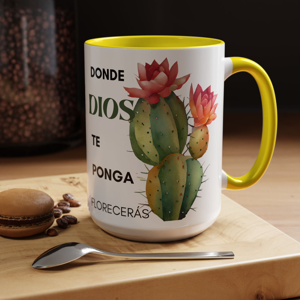 Cactus Floral Accent Coffee Mug – ‘Donde Dios Te Ponga Florecerás’ Spanish Inspirational Mug