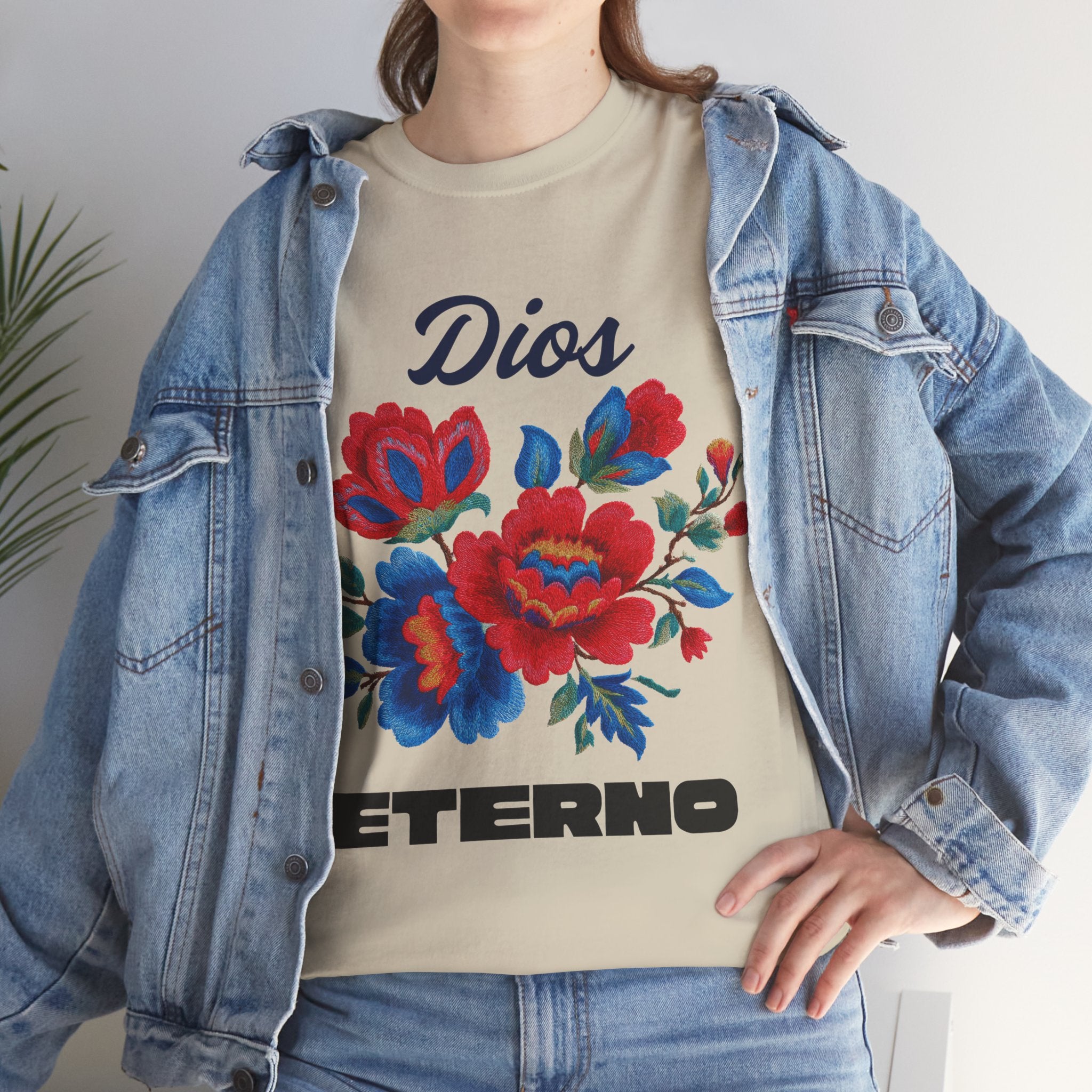 Dios Eterno Floral T-Shirt — Spanish Faith Tee with Red & Blue Blooms