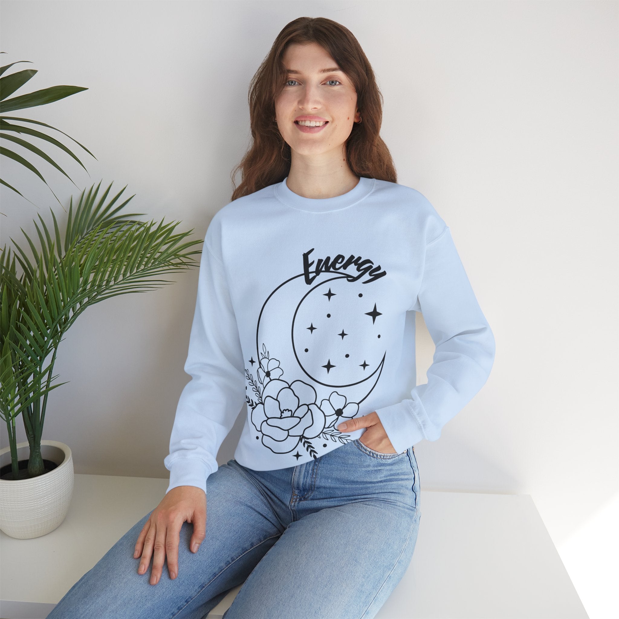 Celestial Energy Sweatshirt, Moon and Flowers Crewneck, Cozy Unisex Top, Astrology Gift, Spiritual Apparel, Birthday Gift, Everyday Wear