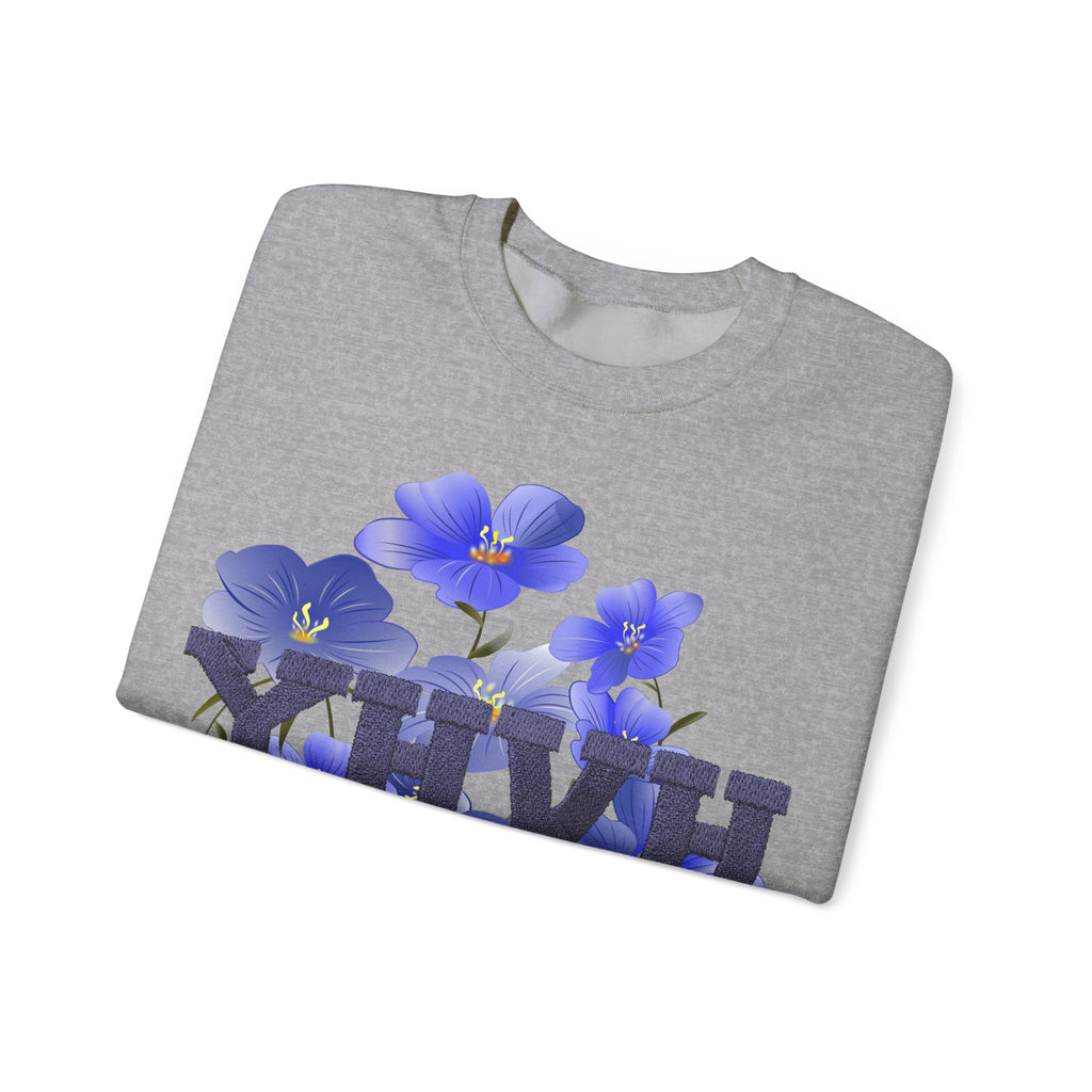 Crewneck Sweatshirt - Blue Violet Floral Graphic with 'KHVH' Lettering