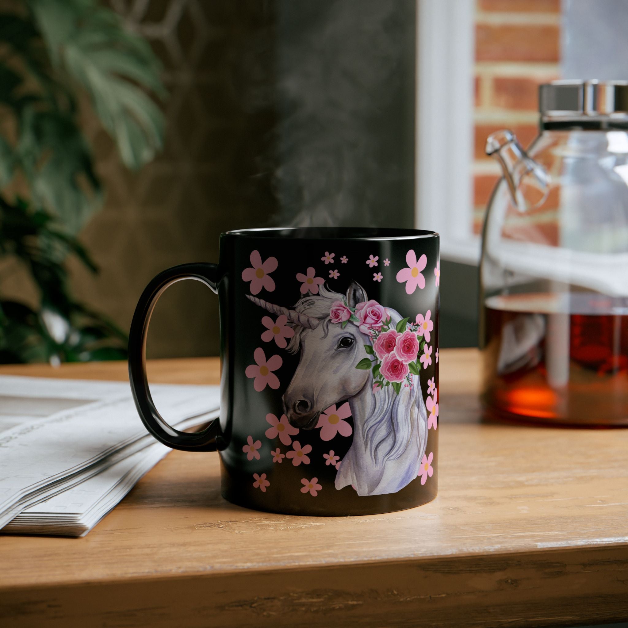 Unicorn Floral Mug — Black Ceramic Coffee Cup with Pink Flowers (11oz, 15oz)