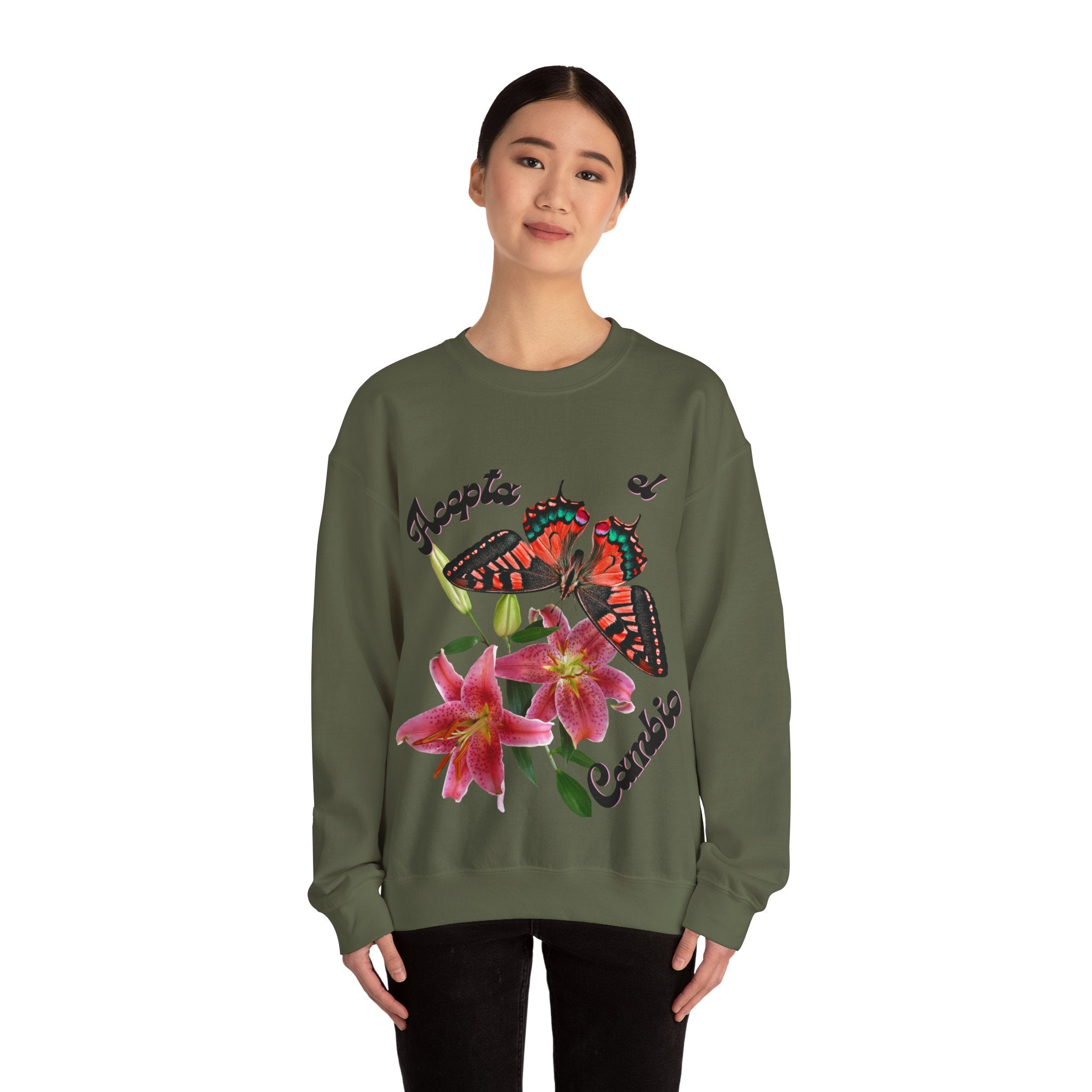 Butterfly & Floral Crewneck Sweatshirt - Accepta el Cambio, Cozy Fall Sweater, Gift for Nature Lovers, Inspirational Apparel, Unisex Fashion
