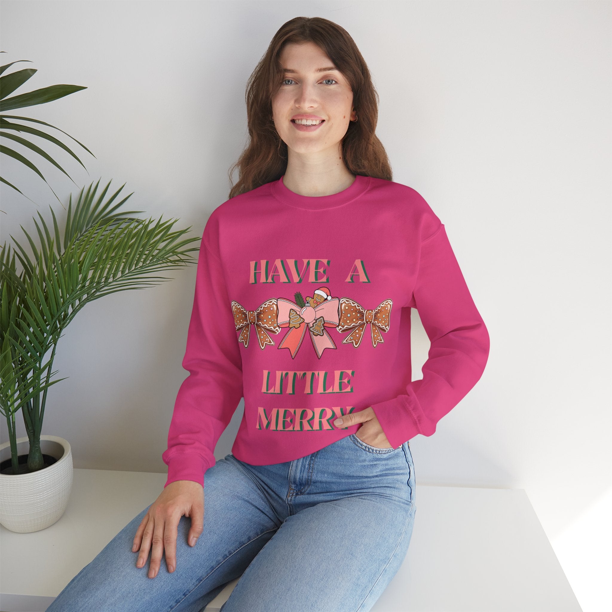 Have a Little Merry Crewneck Sweatshirt — Pink Holiday Bow Christmas Sweater