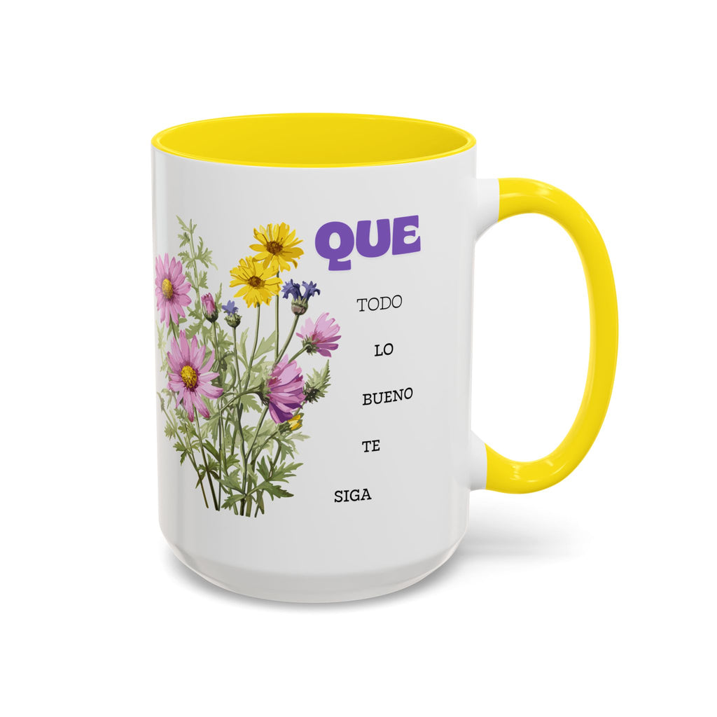 Inspirational Spanish Floral Coffee Mug — "Que todo lo bueno te siga" Accent Mug (11/15oz)