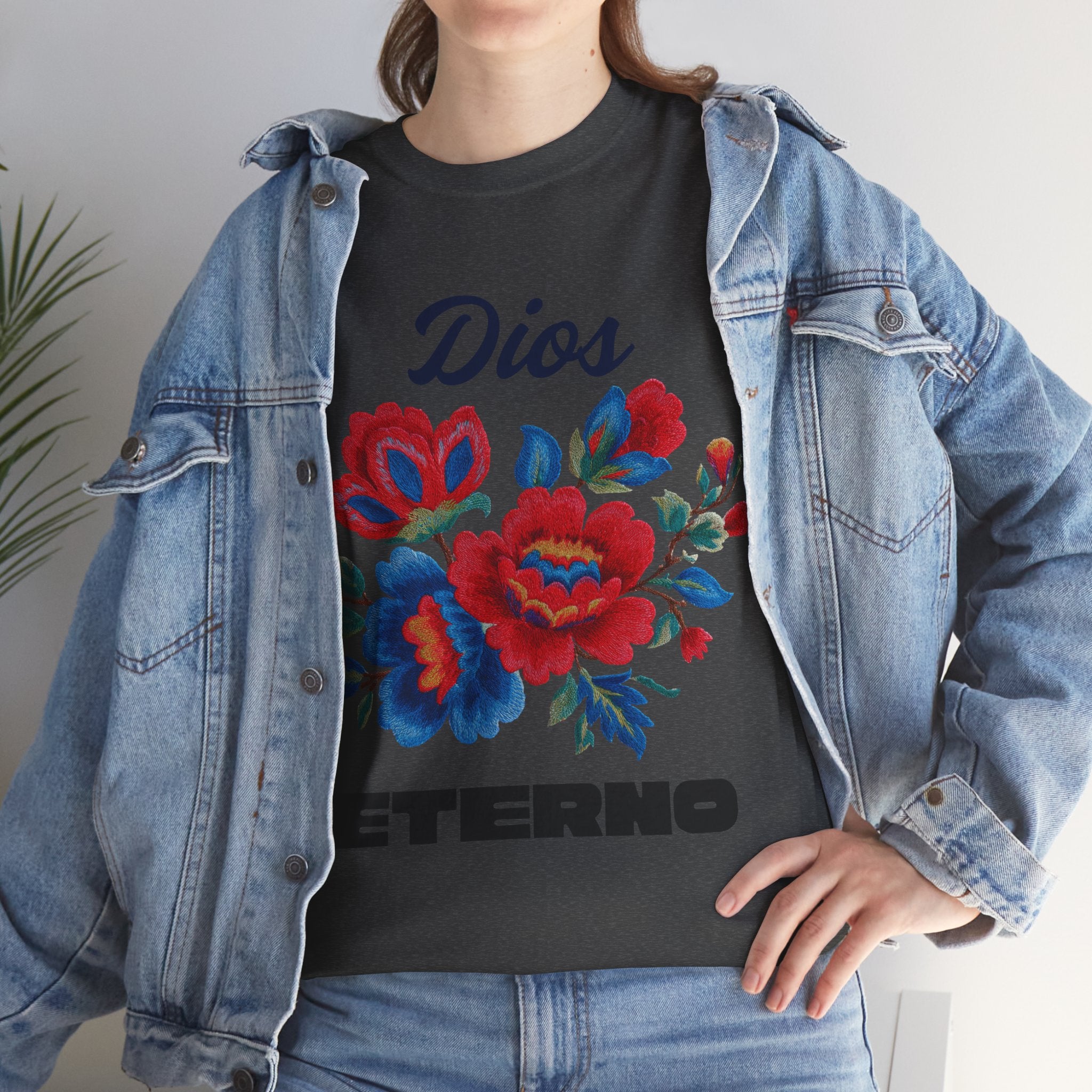 Dios Eterno Floral T-Shirt — Spanish Faith Tee with Red & Blue Blooms
