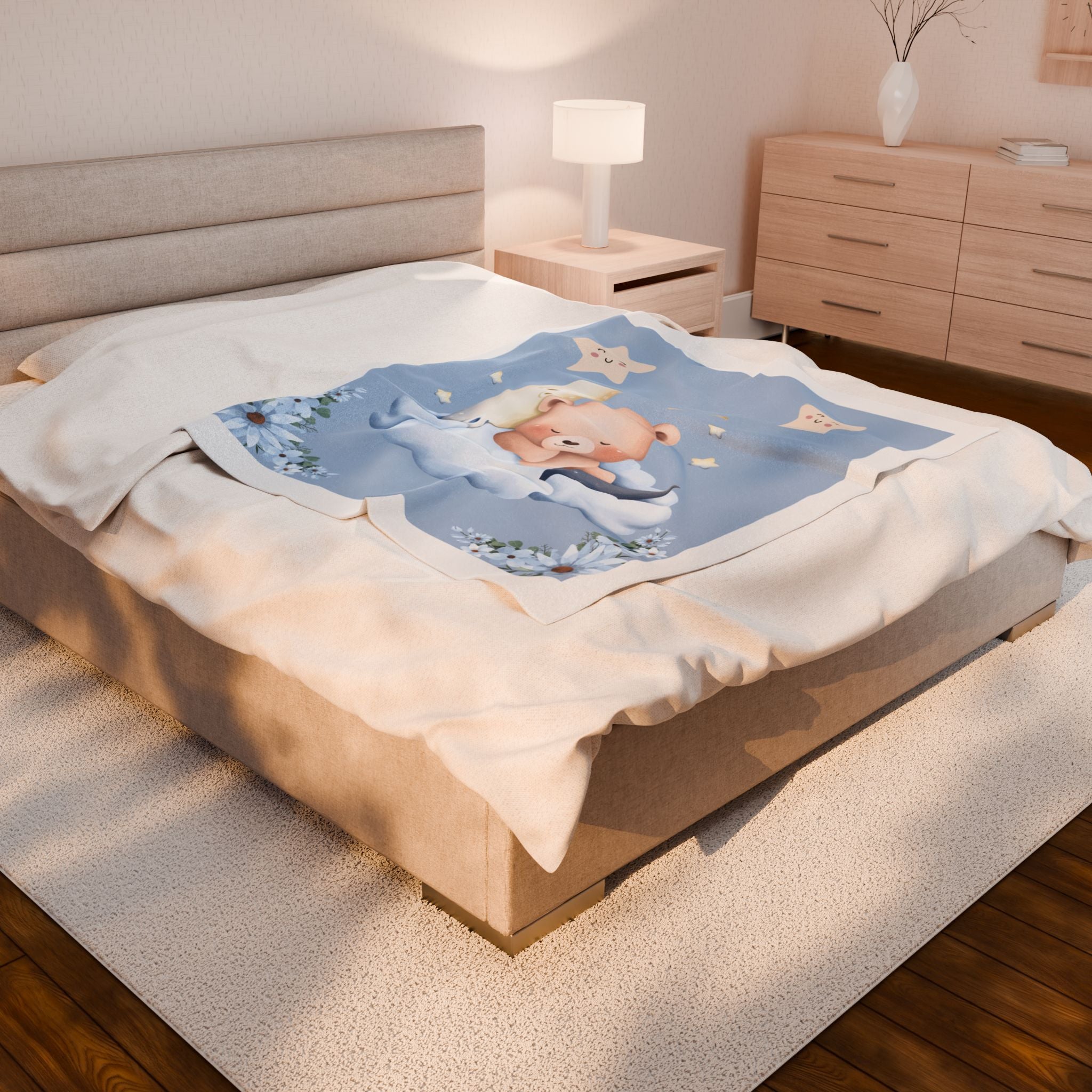 Adorable Bear and Moon Velveteen Plush Blanket, Cozy Nursery Throw, Baby Shower Gift, Kids Room Decor, Soft Bedspread
