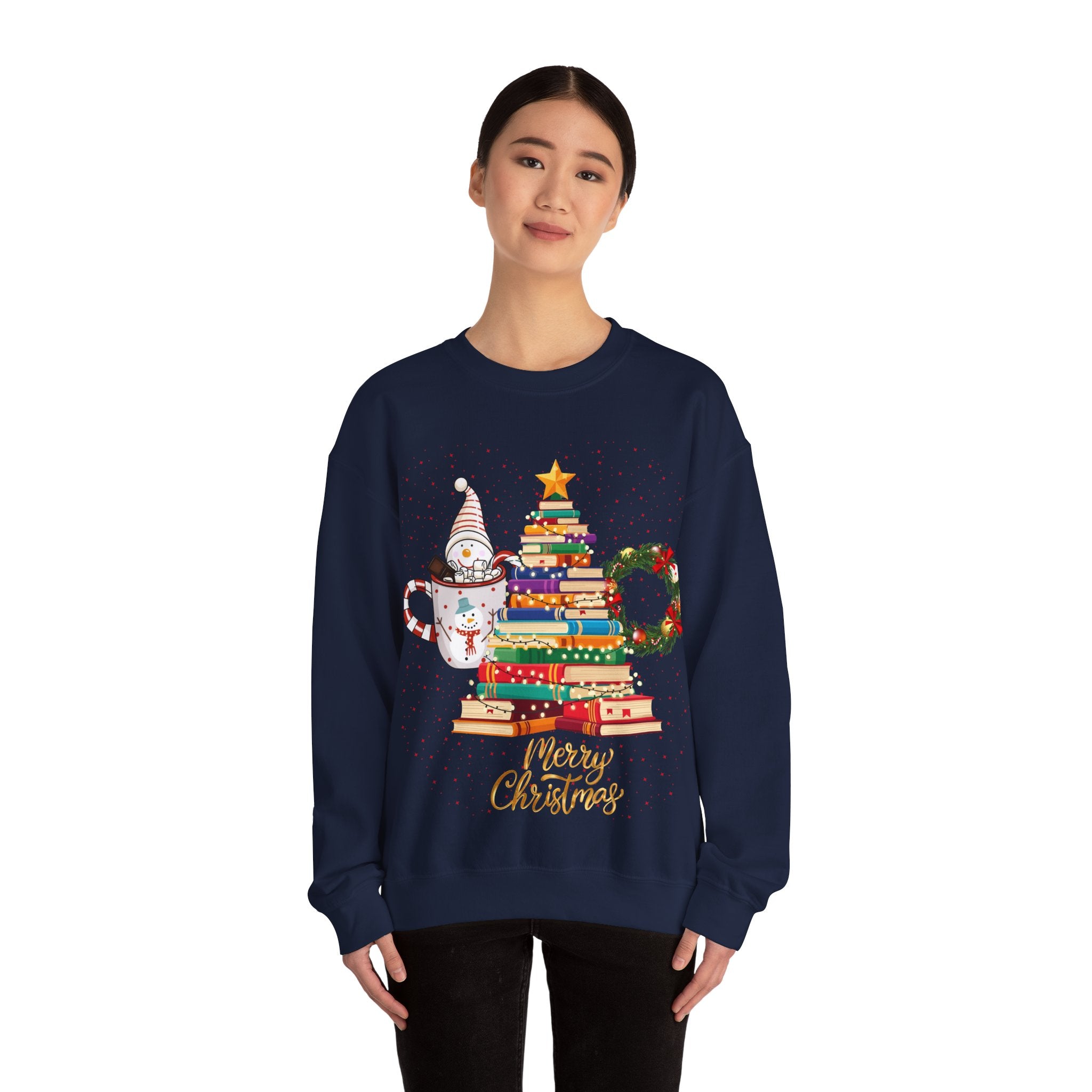 Merry Christmas Book Tree & Cat Crewneck Sweatshirt