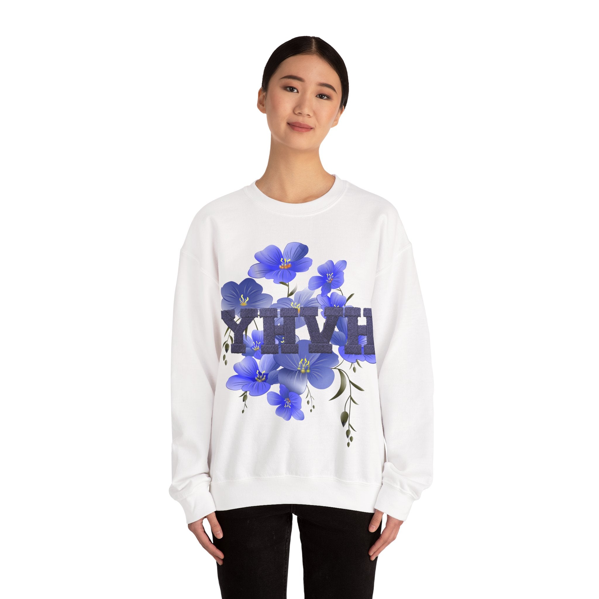 Crewneck Sweatshirt - Blue Violet Floral Graphic with 'KHVH' Lettering