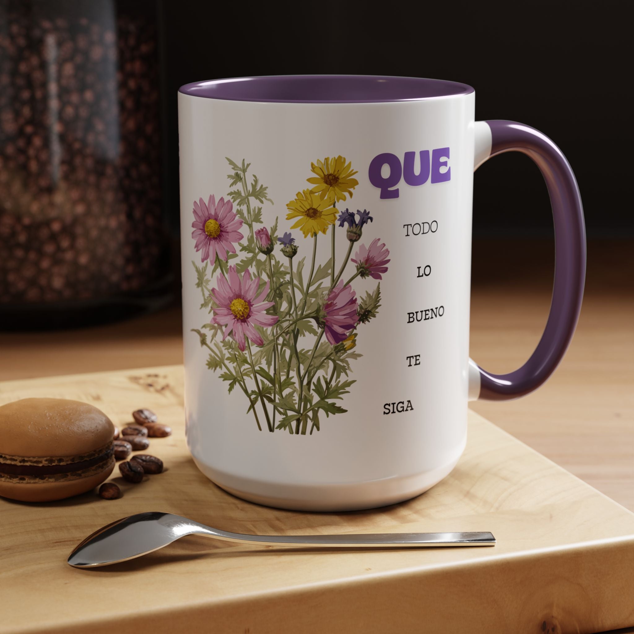 Inspirational Spanish Floral Coffee Mug — "Que todo lo bueno te siga" Accent Mug (11/15oz)