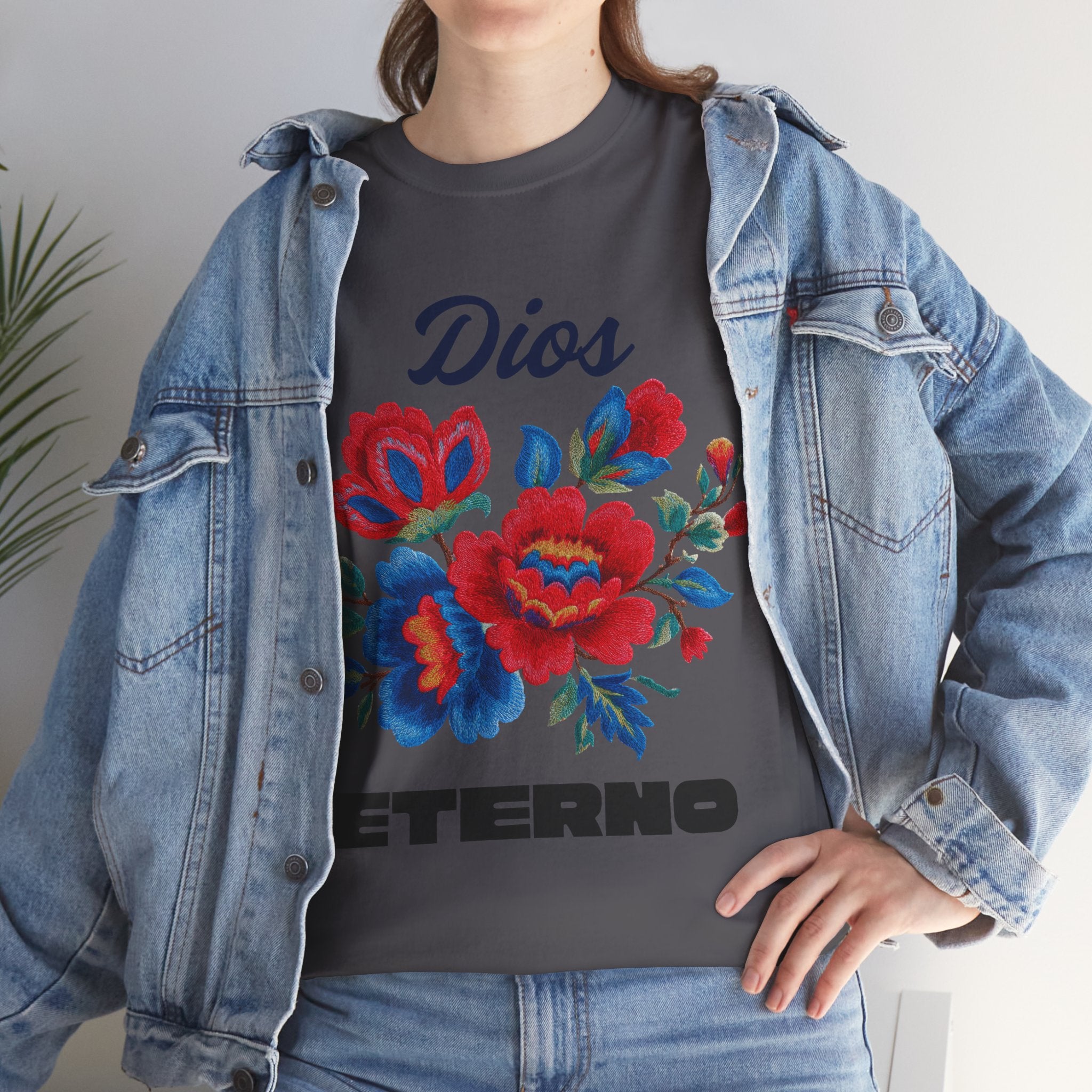 Dios Eterno Floral T-Shirt — Spanish Faith Tee with Red & Blue Blooms