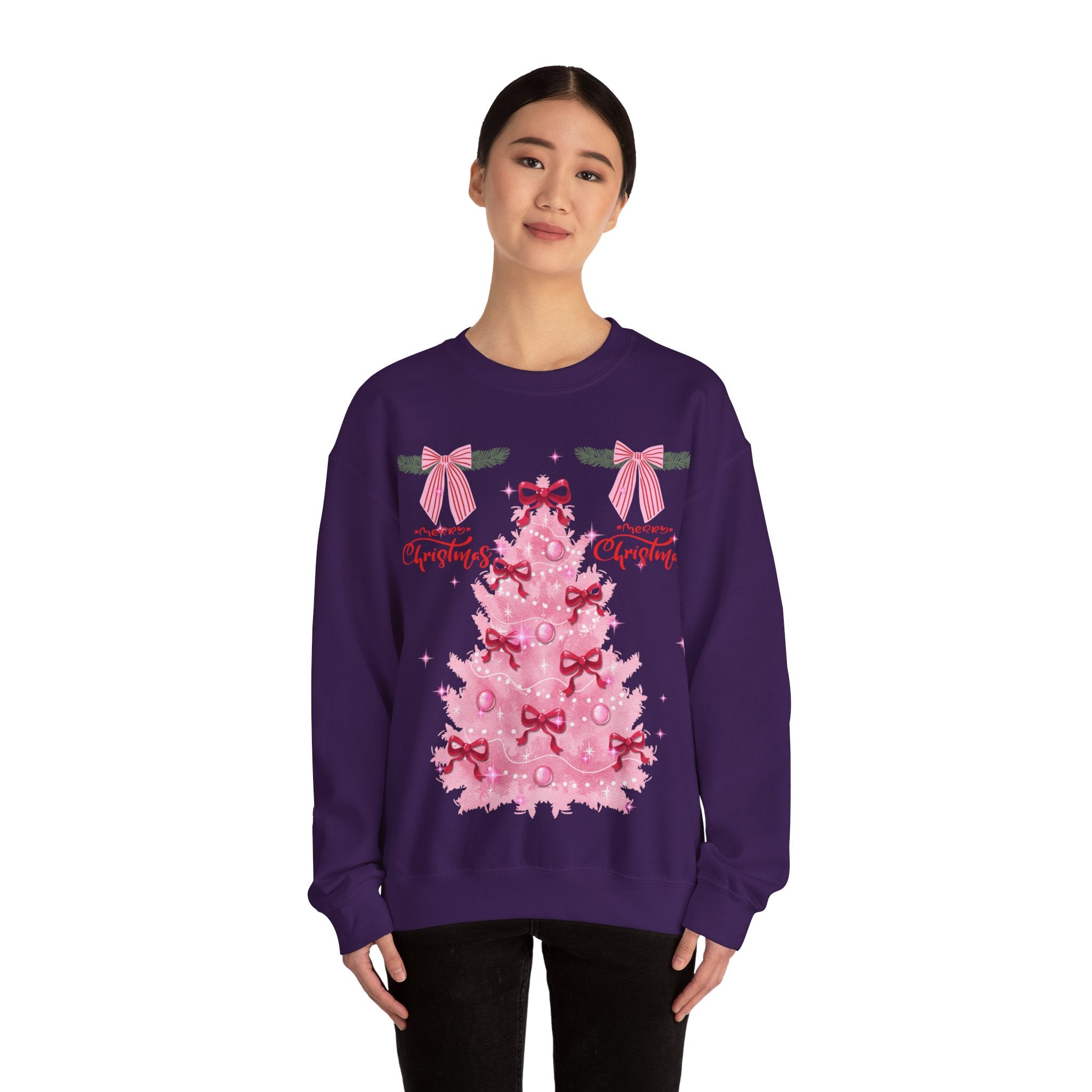 Pink Christmas Tree Sweatshirt — 'Merry Christmas' Bow Holiday Crewneck