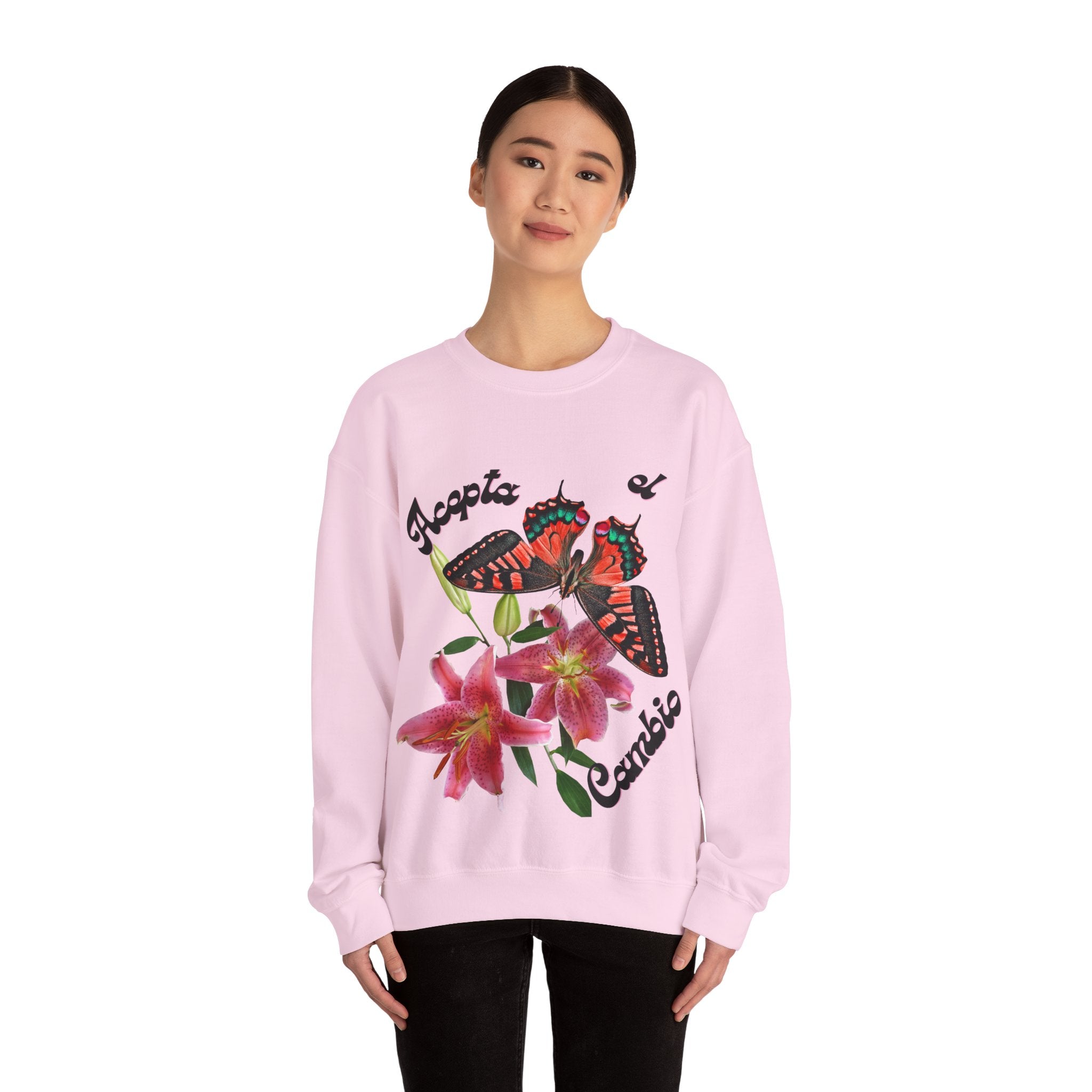 Butterfly & Floral Crewneck Sweatshirt - Accepta el Cambio, Cozy Fall Sweater, Gift for Nature Lovers, Inspirational Apparel, Unisex Fashion