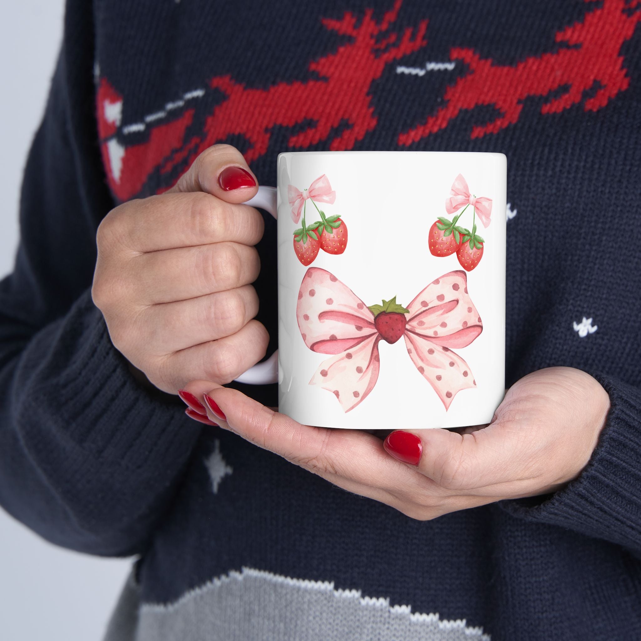 Strawberry Bow Ceramic Mug | Cute Gift, Kitchen Decor, Coffee Mug, Tea Lover's Gift, Spring Gift