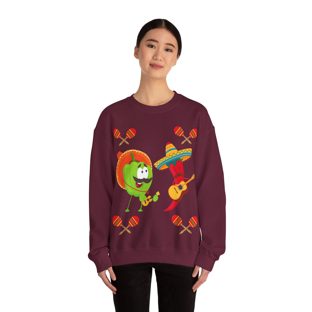 Fiesta Friends Sweatshirt — Cute Chili & Avocado with Sombreros, Maracas & Guitar