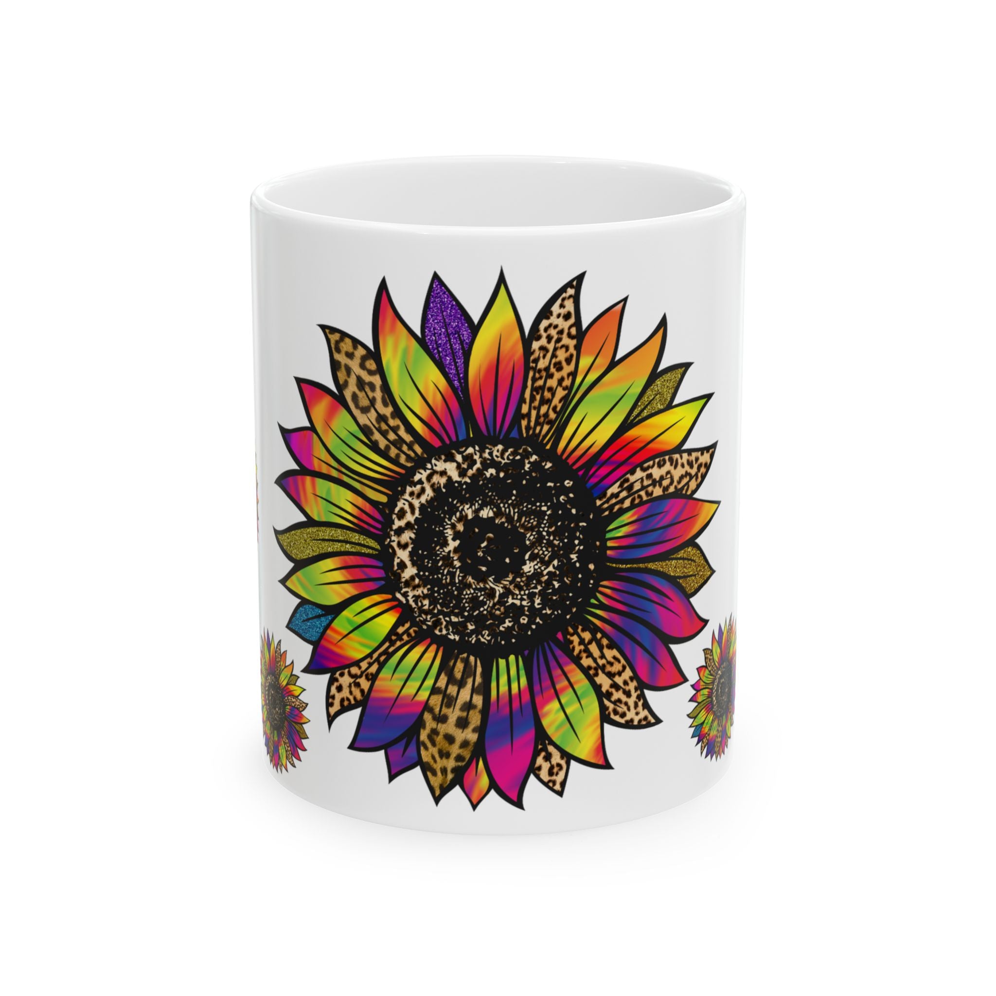 Rainbow Leopard Sunflower Ceramic Mug — Colorful Floral Coffee Cup (11oz, 15oz)