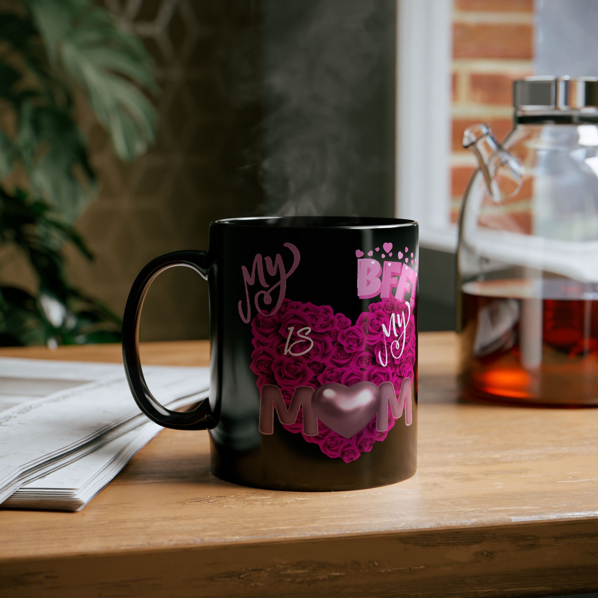 Mom Is My BFF Black Coffee Mug — Pink Heart Floral Mother's Day Gift (11oz & 15oz)