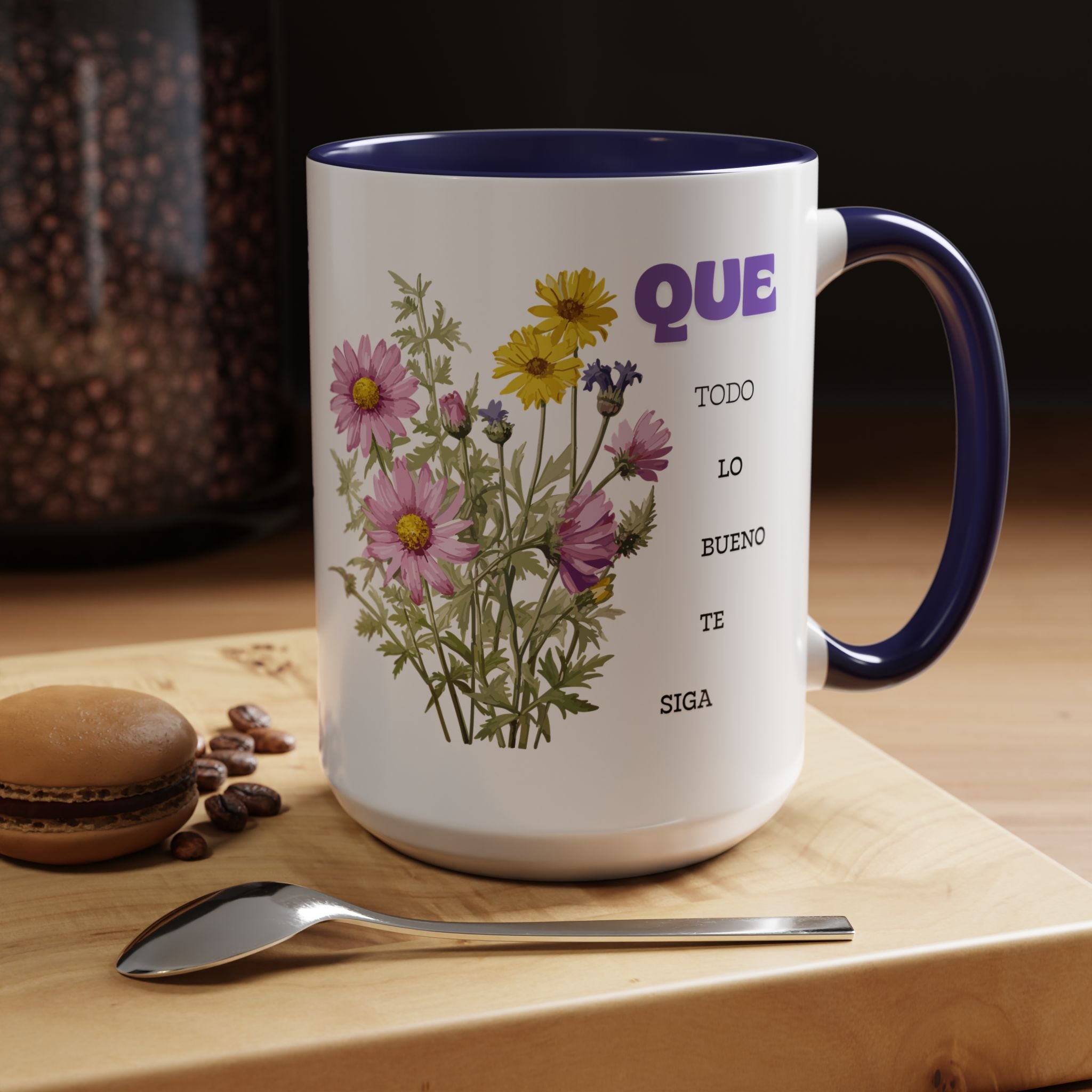Inspirational Spanish Floral Coffee Mug — "Que todo lo bueno te siga" Accent Mug (11/15oz)