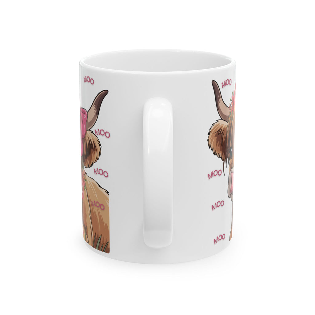 Highland Cow Ceramic Mug (11oz/15oz) — Cute Floral ‘Moo’ Cow Coffee Cup