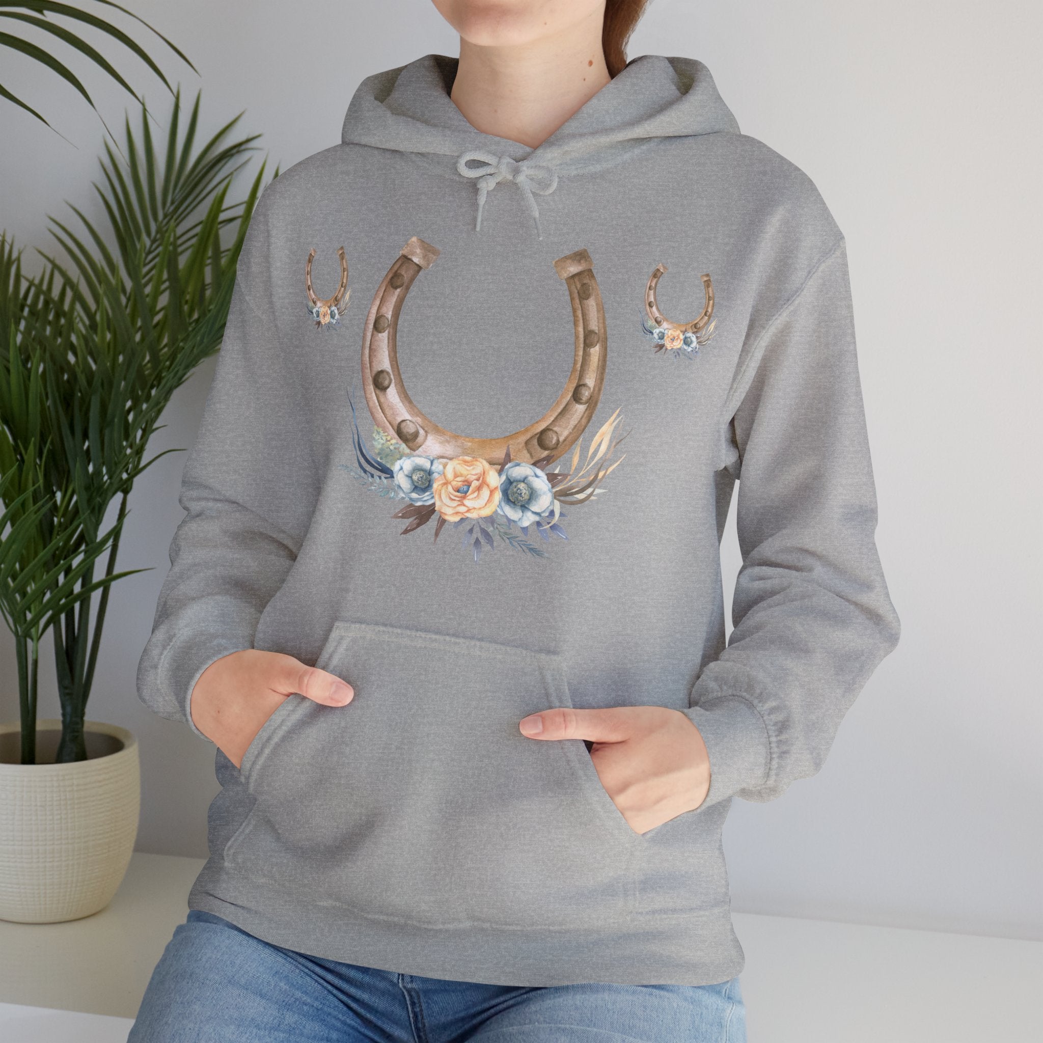 Equestrian Floral Horseshoe Hoodie, Cozy Unisex Sweatshirt, Gifts for Horse Lovers, Country Style Apparel, Birthday Gift, Festival Wear