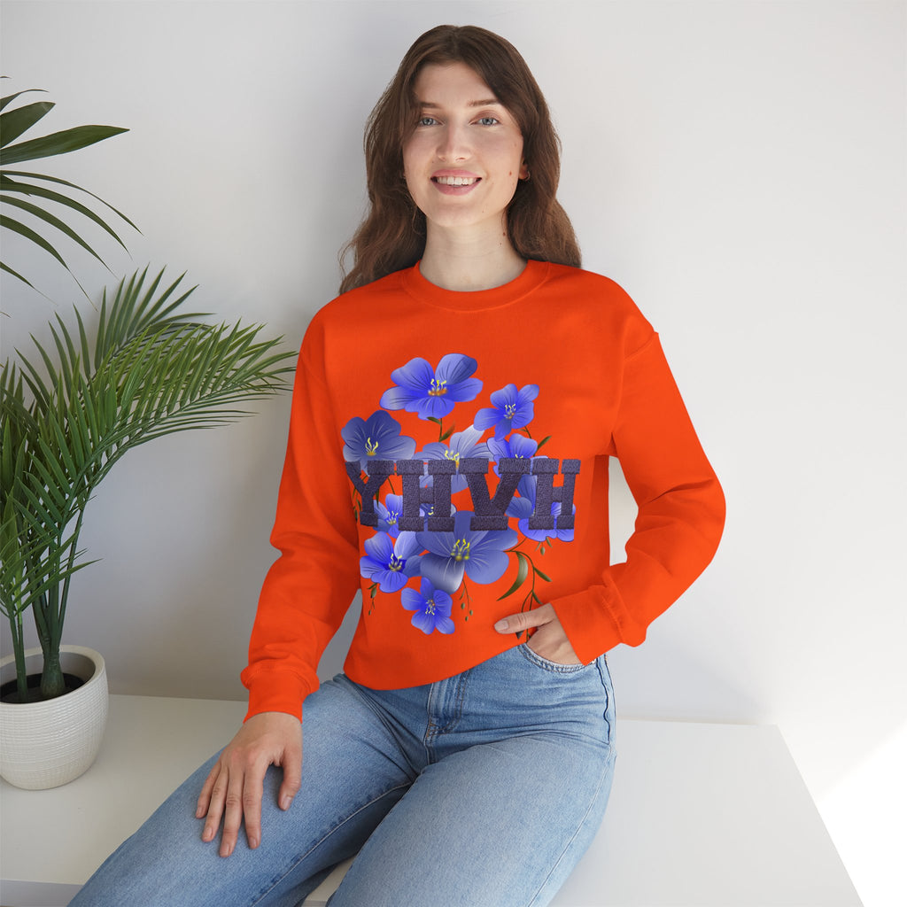 Crewneck Sweatshirt - Blue Violet Floral Graphic with 'KHVH' Lettering