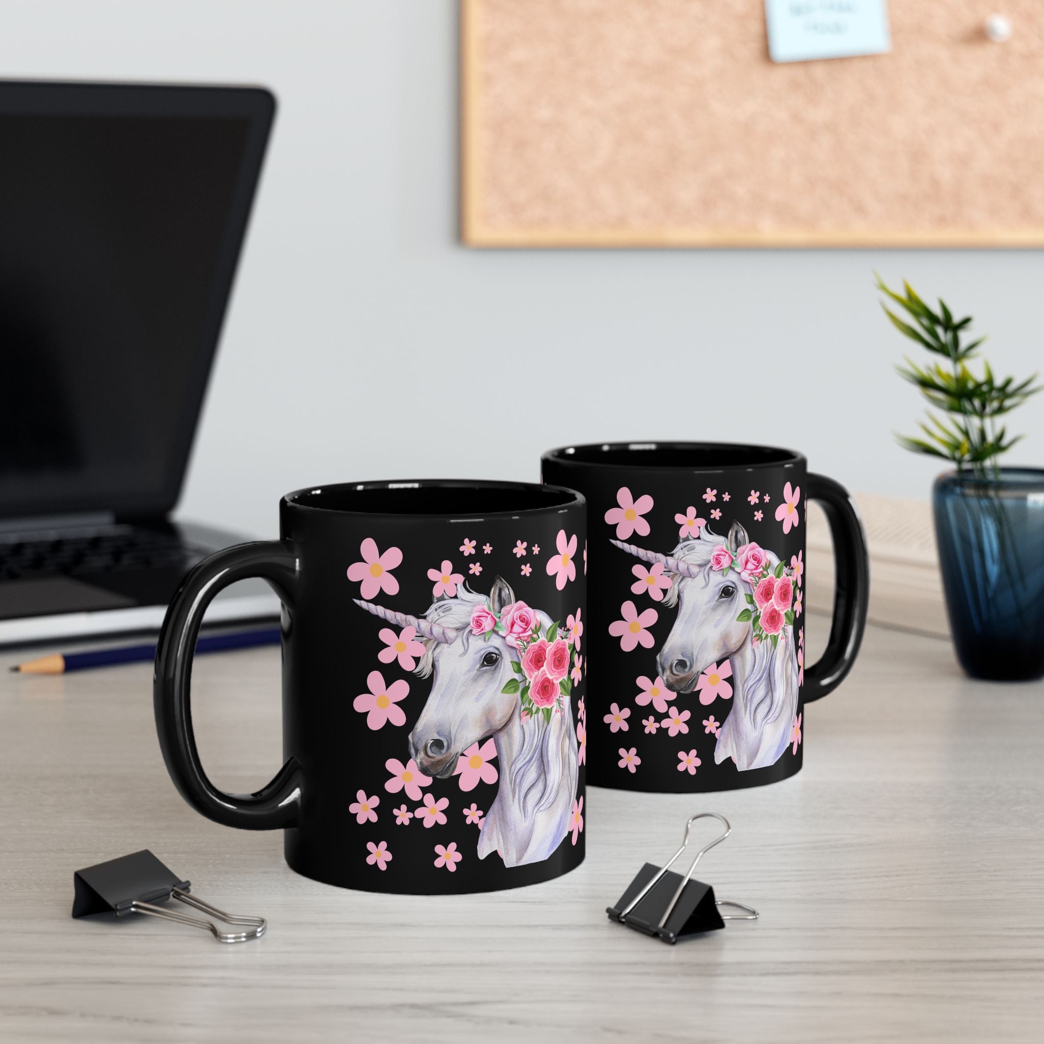 Unicorn Floral Mug — Black Ceramic Coffee Cup with Pink Flowers (11oz, 15oz)