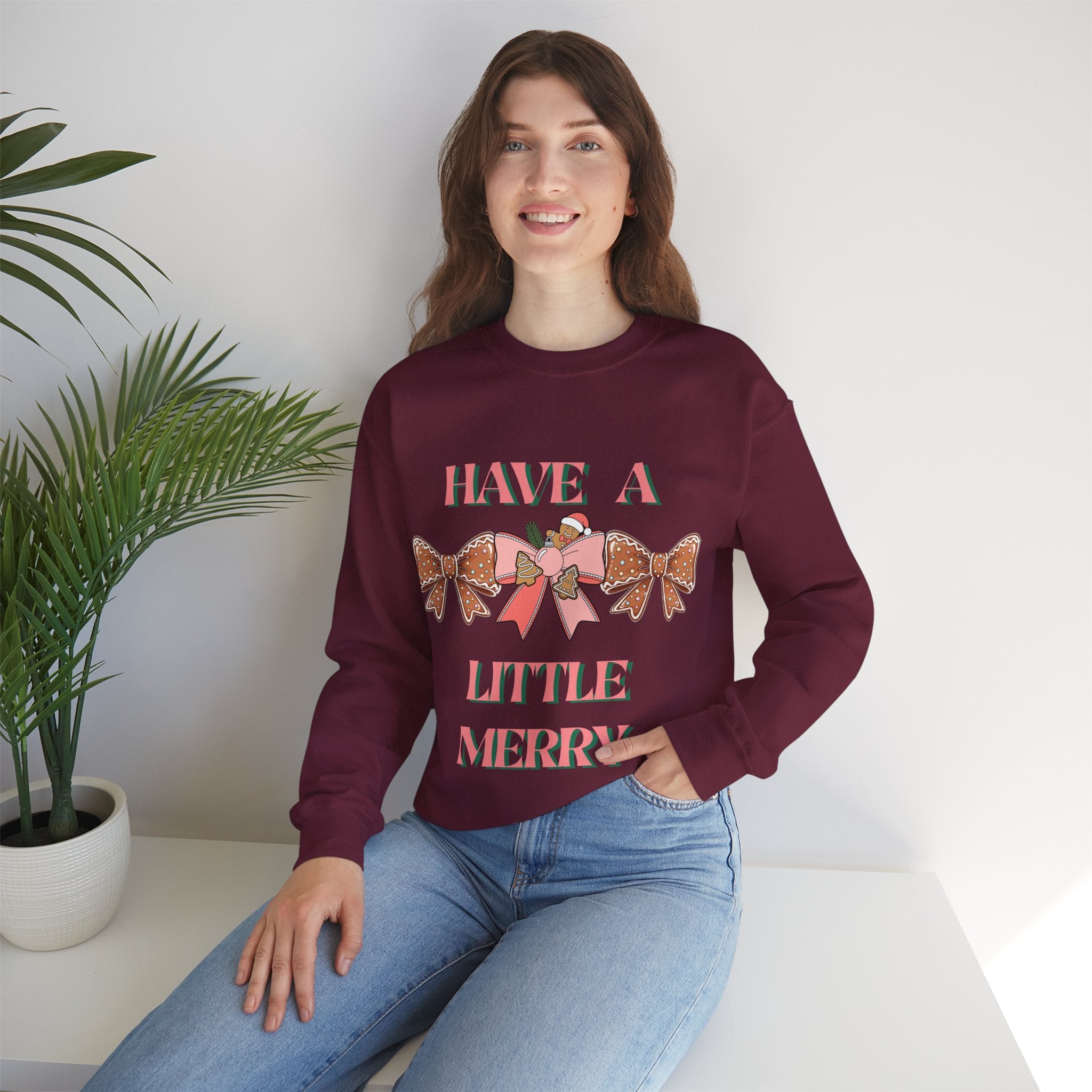 Have a Little Merry Crewneck Sweatshirt — Pink Holiday Bow Christmas Sweater
