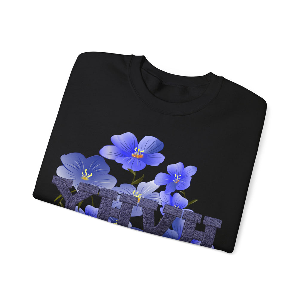 Crewneck Sweatshirt - Blue Violet Floral Graphic with 'KHVH' Lettering