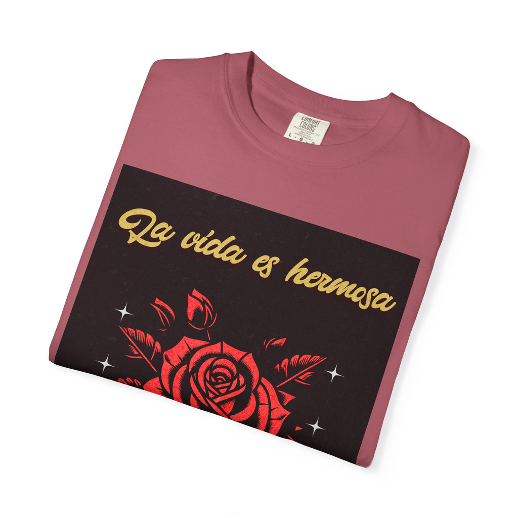 Vibrant Graphic Tee - 'La Vida es Hermosa' Rose Design, Unisex Cotton T-shirt, Gift for Friends, Positive Vibes, Casual Wear, Summer Style