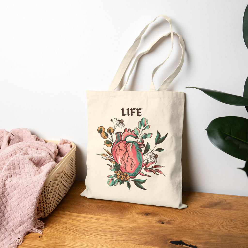 Tote Bag - Floral Anatomical Heart 'Life' Canvas Tote