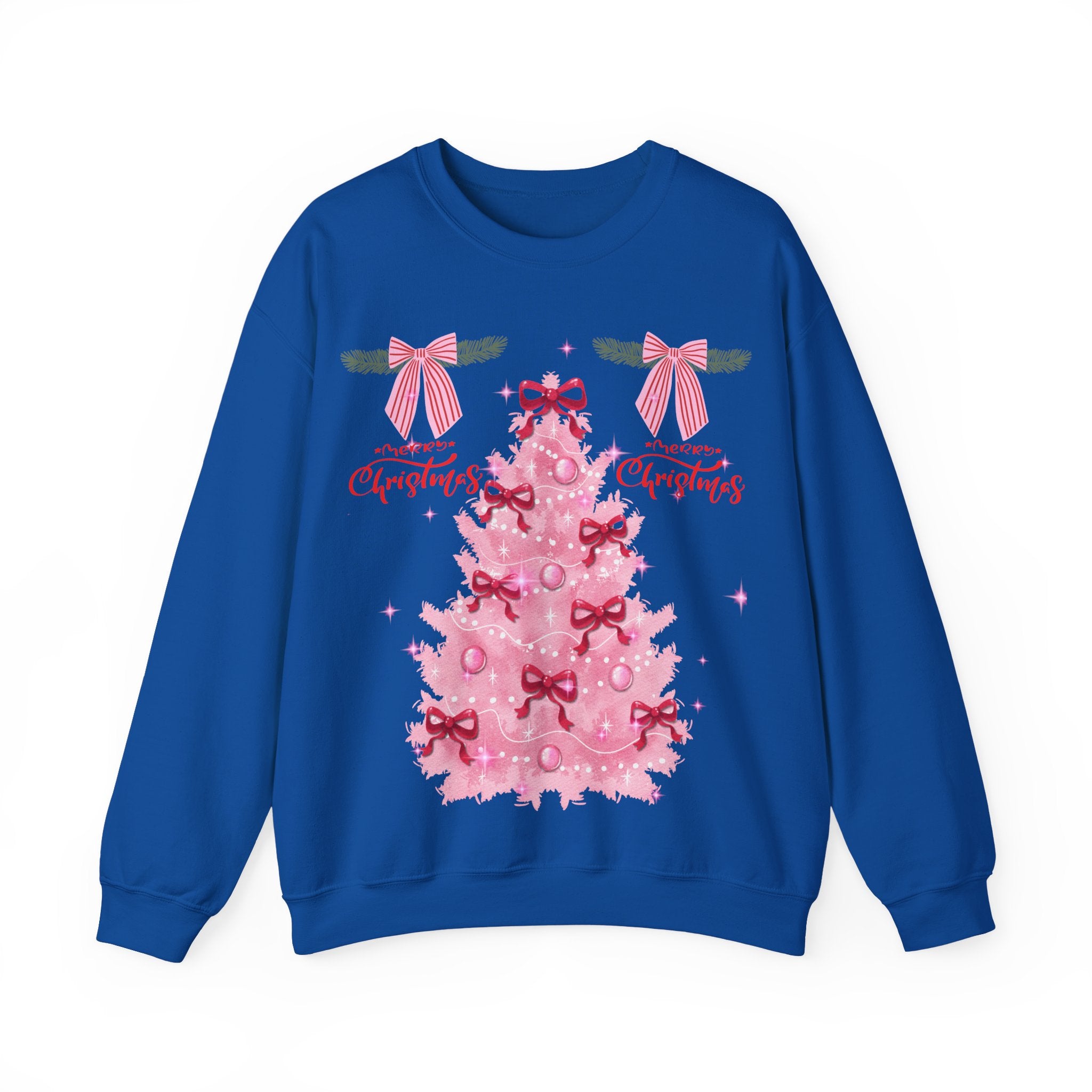 Pink Christmas Tree Sweatshirt — 'Merry Christmas' Bow Holiday Crewneck