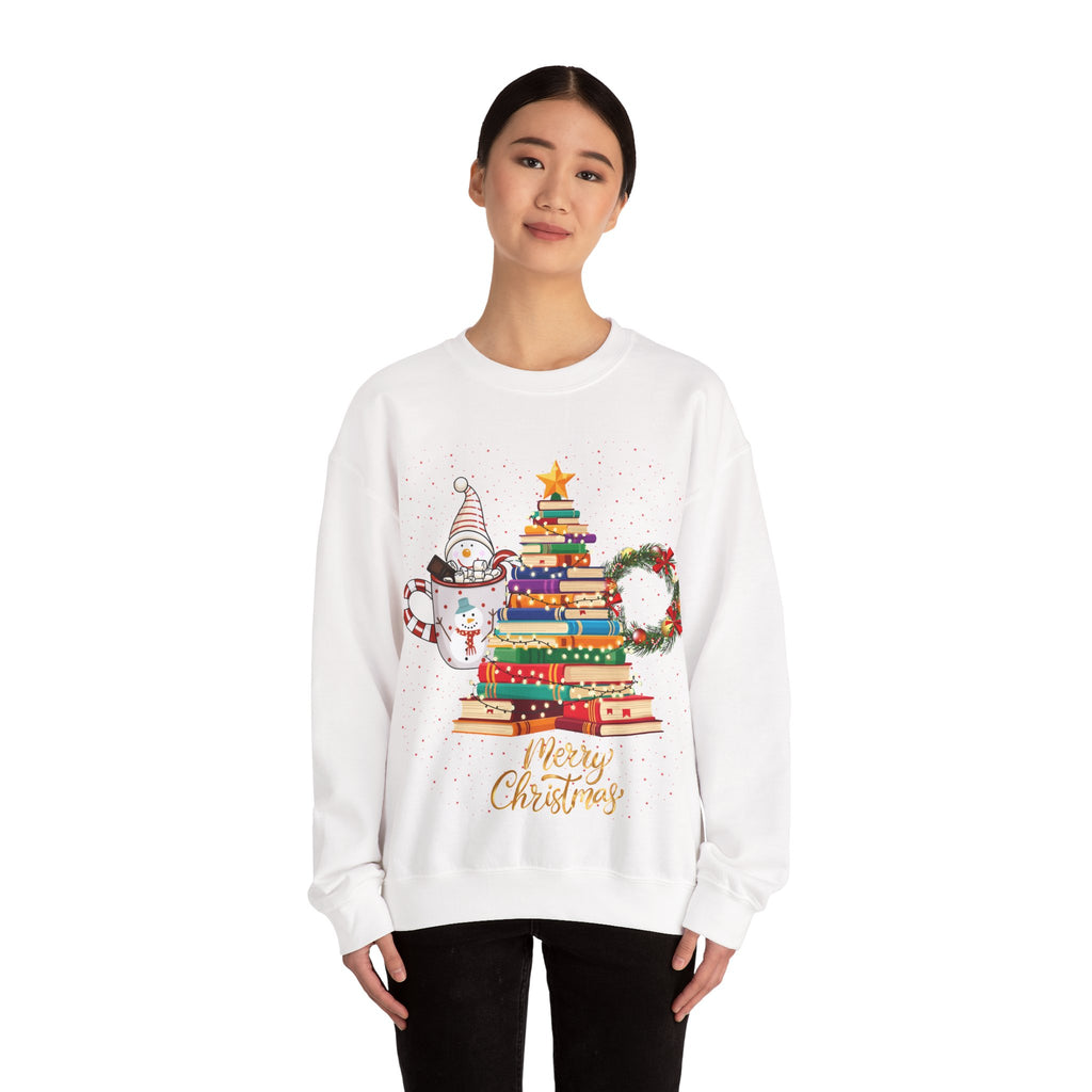 Merry Christmas Book Tree & Cat Crewneck Sweatshirt