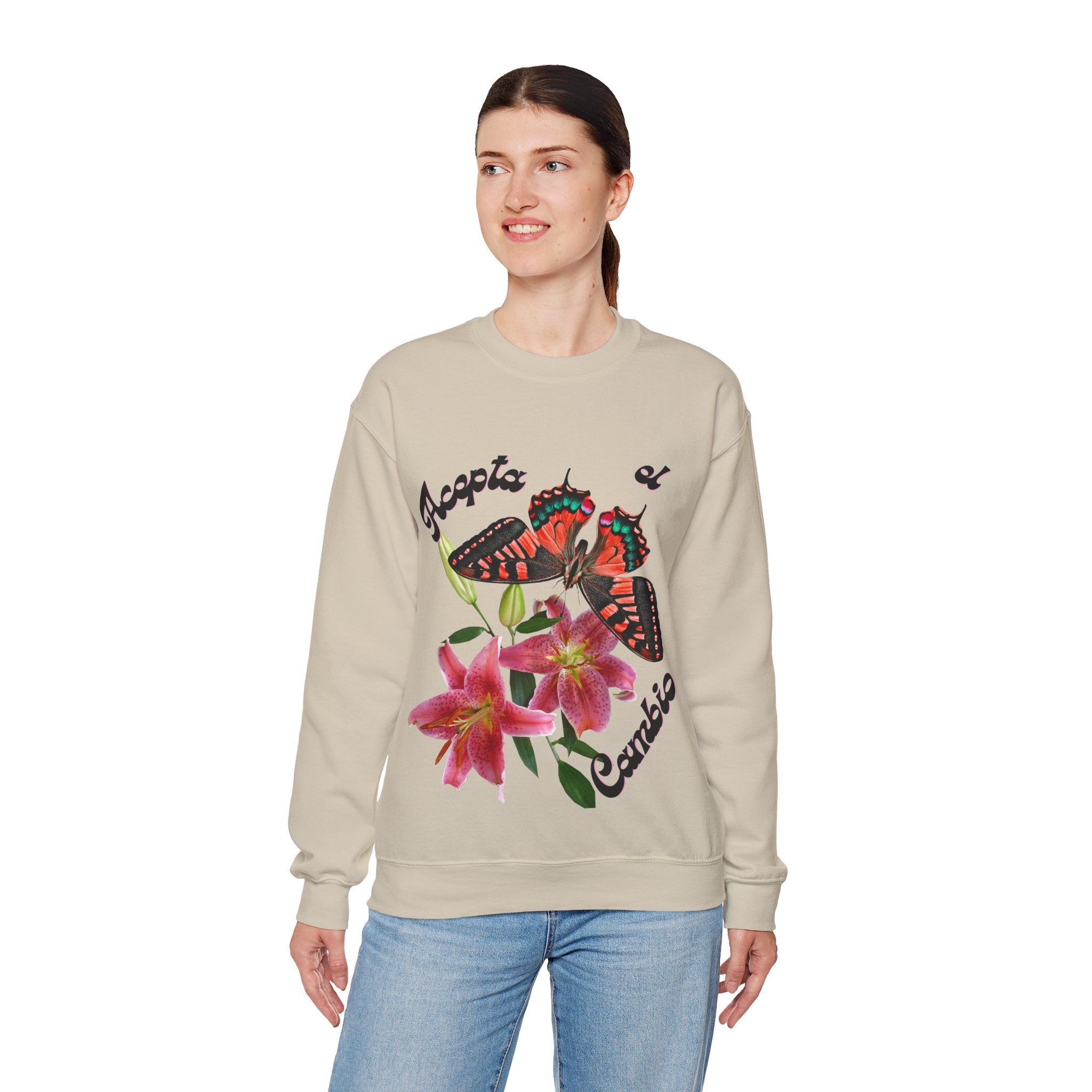 Butterfly & Floral Crewneck Sweatshirt - Accepta el Cambio, Cozy Fall Sweater, Gift for Nature Lovers, Inspirational Apparel, Unisex Fashion