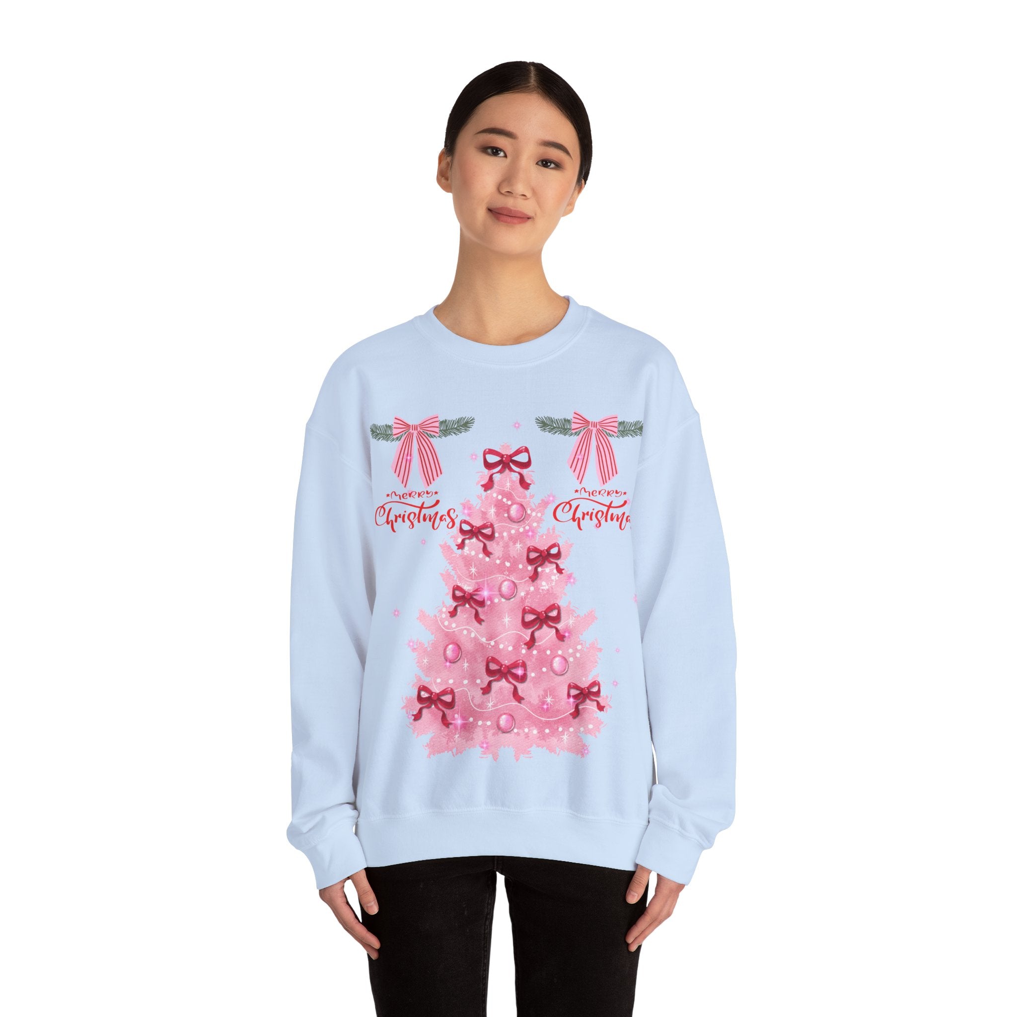 Pink Christmas Tree Sweatshirt — 'Merry Christmas' Bow Holiday Crewneck