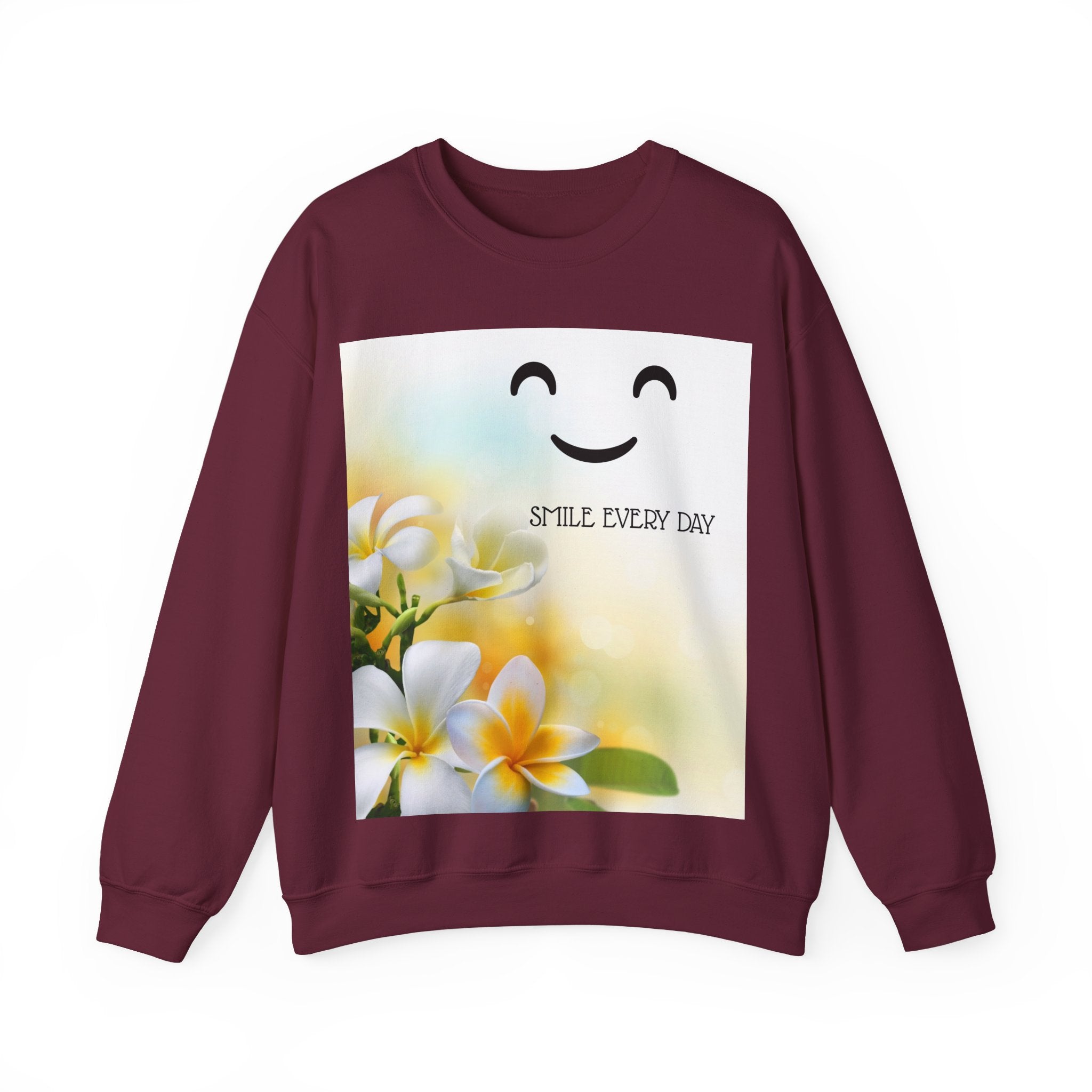Smile Every Day Crewneck Sweatshirt — Floral Plumeria Happy Face Graphic