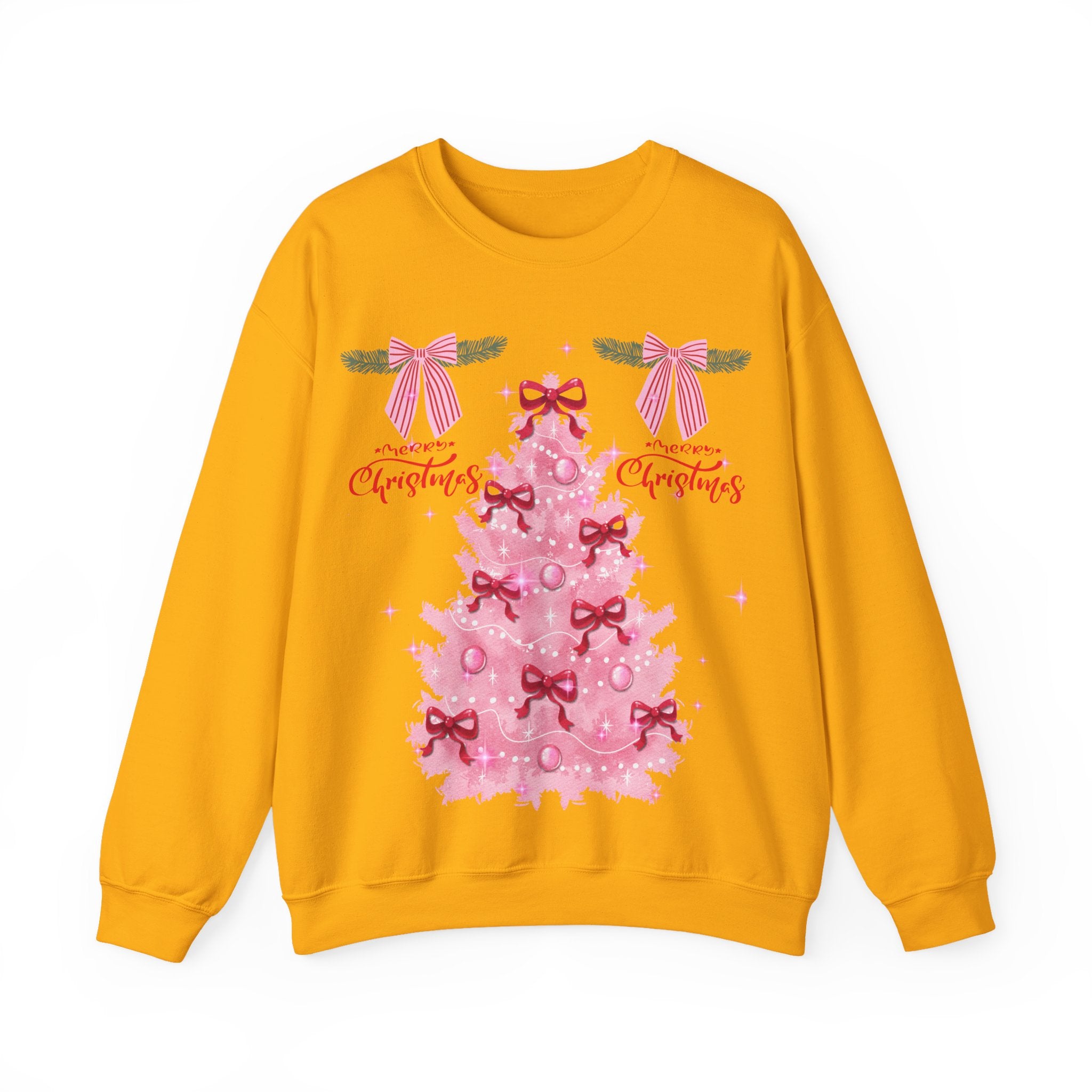 Pink Christmas Tree Sweatshirt — 'Merry Christmas' Bow Holiday Crewneck