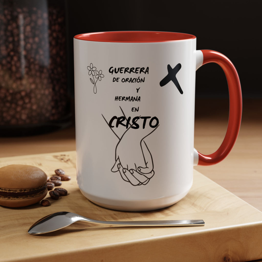 Christian Prayer Warrior Mug — "Guerrera de Oración y Hermana en Cristo" Accent Coffee Cup (11/15oz)