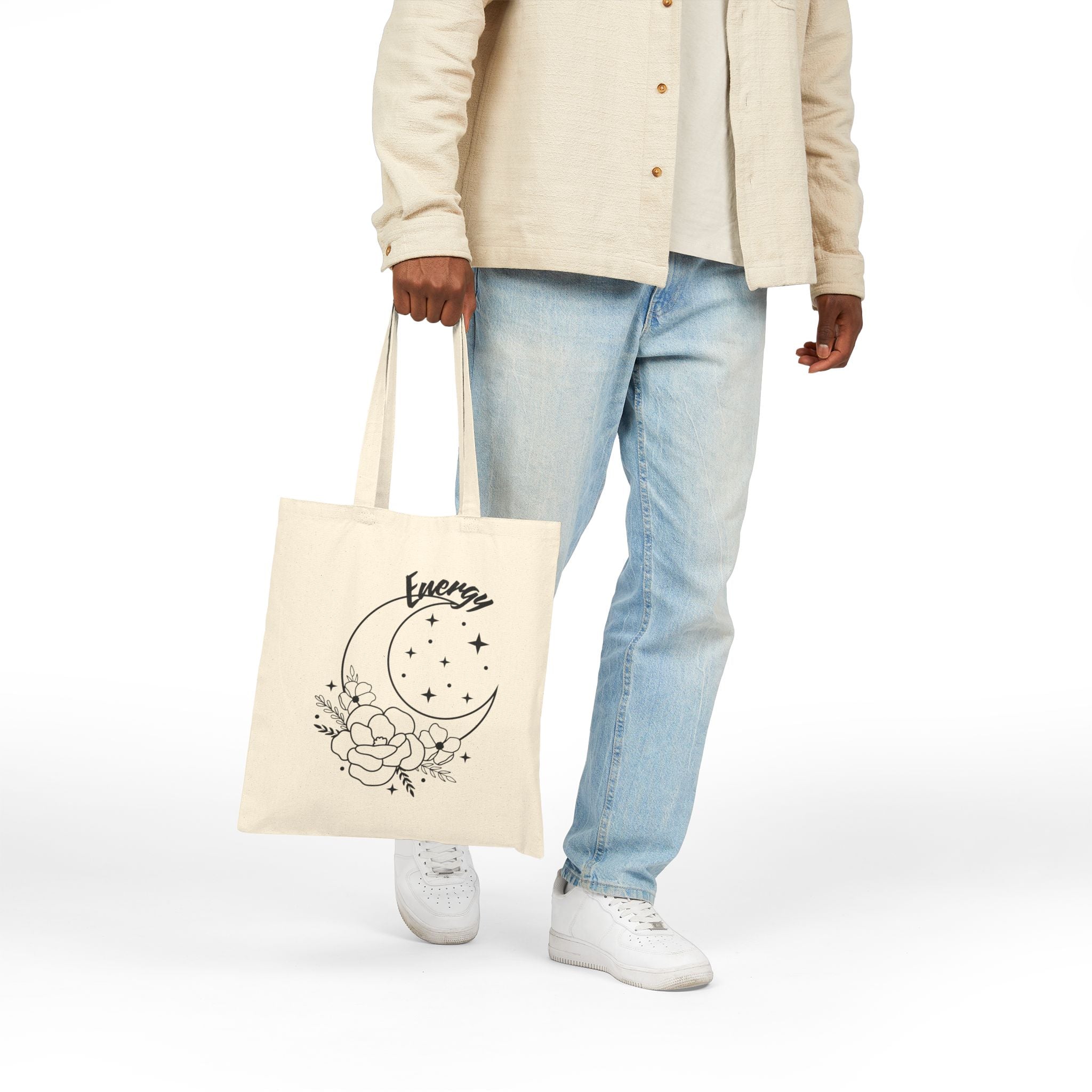 Energy Moon Canvas Tote Bag | Eco-Friendly Shopping Bag, Stylish Grocery Tote, Floral Design, Gift for Her, Daily Use