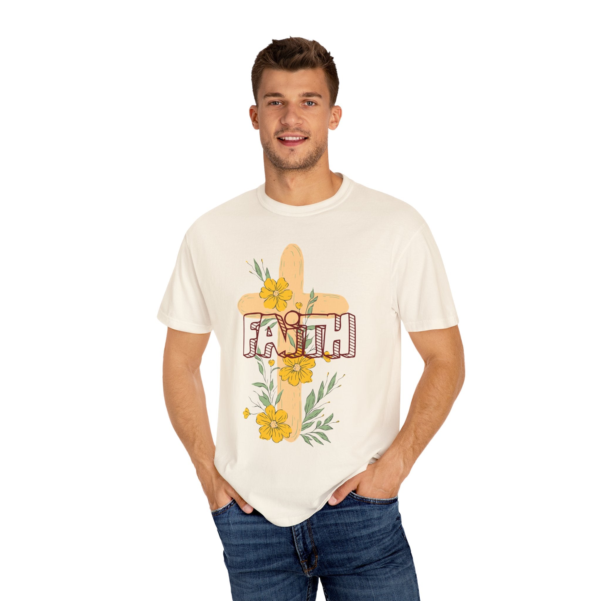 Faith Cross Floral T-Shirt — Christian Inspirational Tee with Yellow Flowers