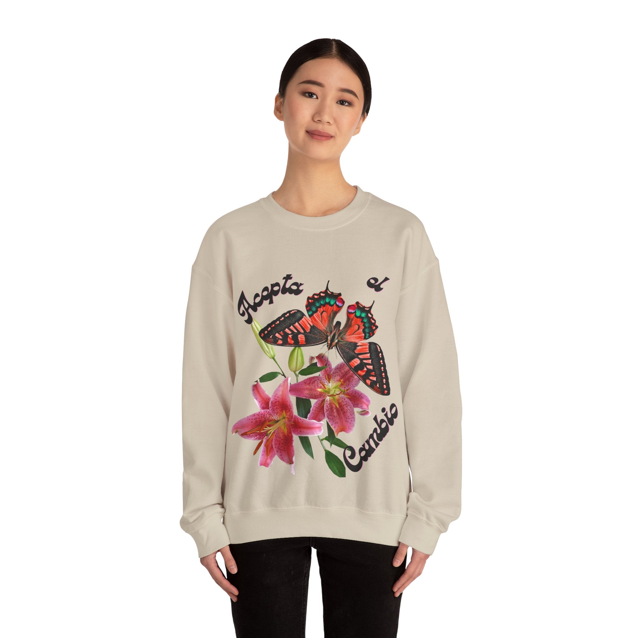 Butterfly & Floral Crewneck Sweatshirt - Accepta el Cambio, Cozy Fall Sweater, Gift for Nature Lovers, Inspirational Apparel, Unisex Fashion
