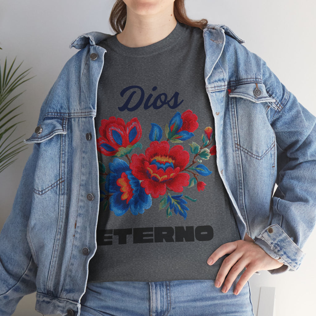 Dios Eterno Floral T-Shirt — Spanish Faith Tee with Red & Blue Blooms