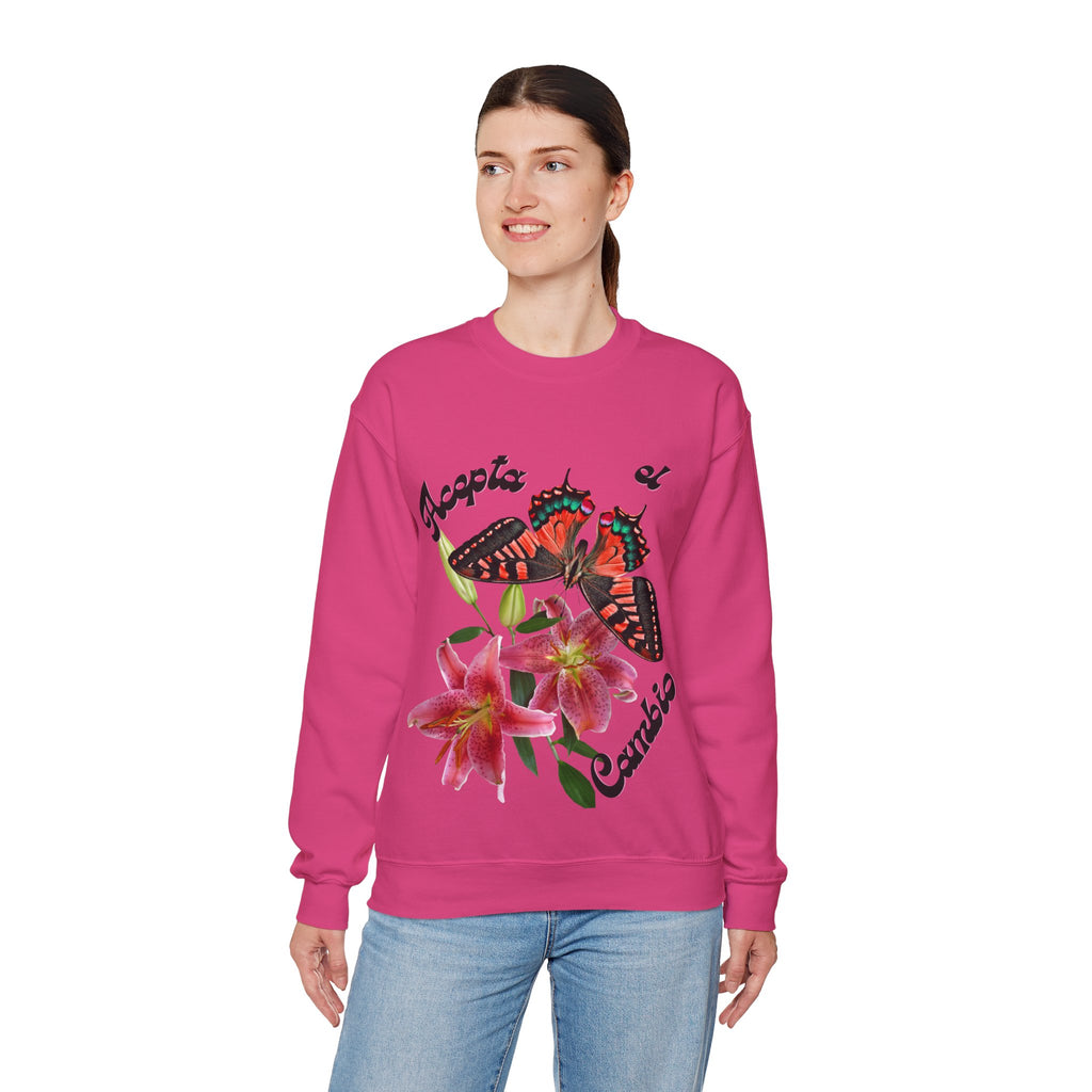 Butterfly & Floral Crewneck Sweatshirt - Accepta el Cambio, Cozy Fall Sweater, Gift for Nature Lovers, Inspirational Apparel, Unisex Fashion