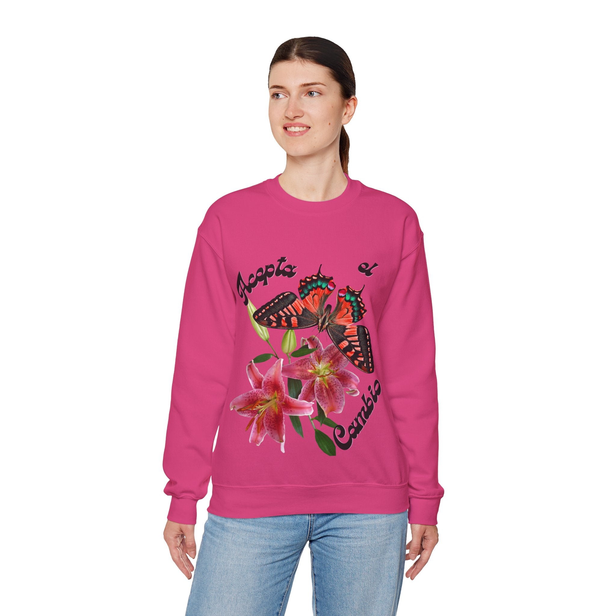 Butterfly & Floral Crewneck Sweatshirt - Accepta el Cambio, Cozy Fall Sweater, Gift for Nature Lovers, Inspirational Apparel, Unisex Fashion