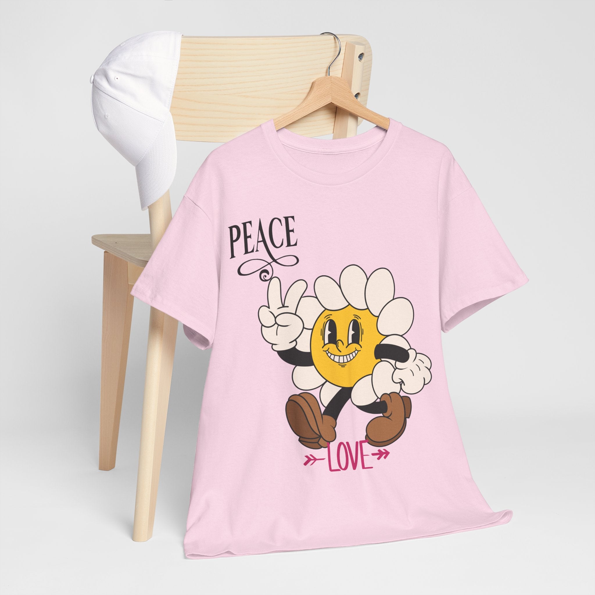 Peace & Love Daisy Character T-Shirt — Retro Smiley Flower Tee