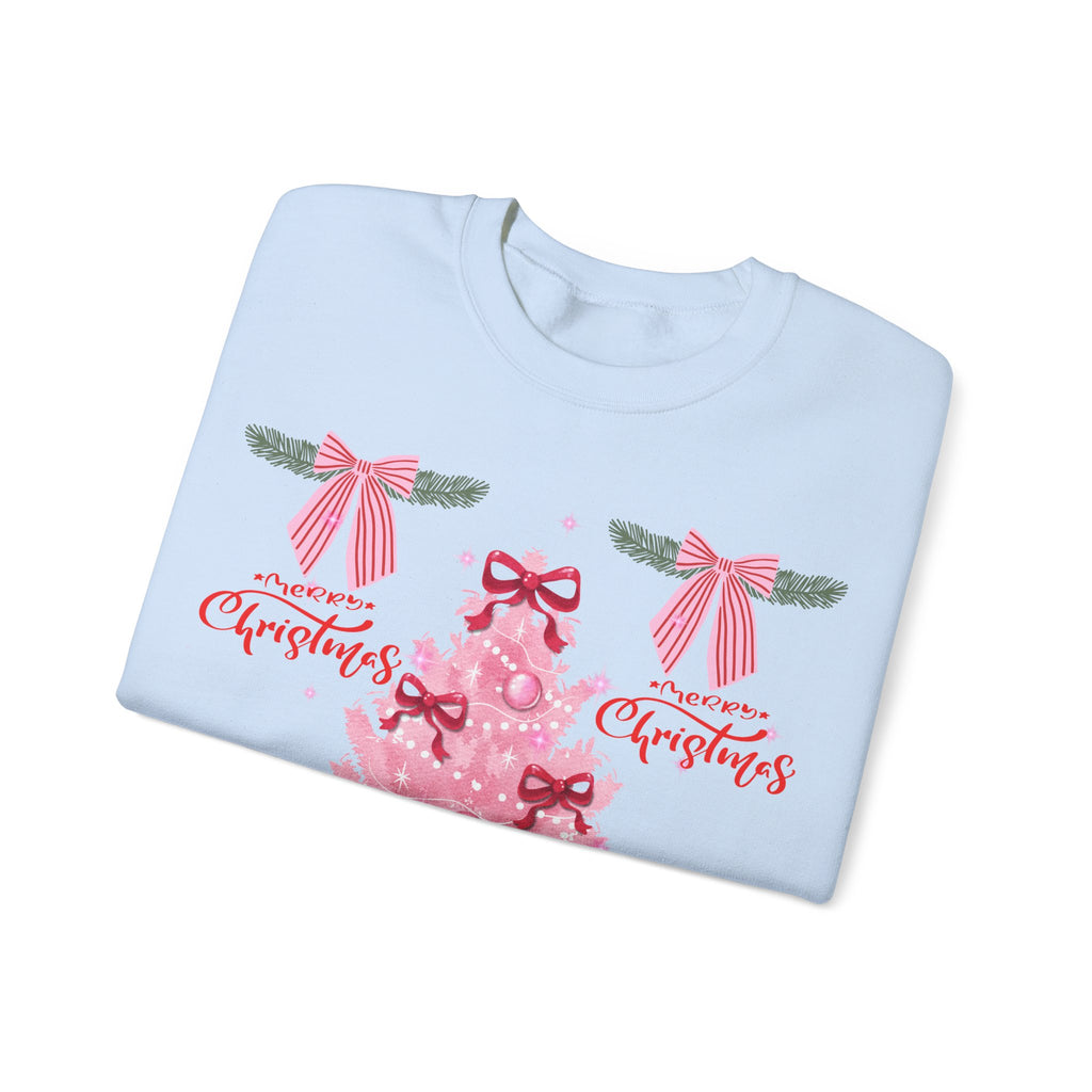 Pink Christmas Tree Sweatshirt — 'Merry Christmas' Bow Holiday Crewneck