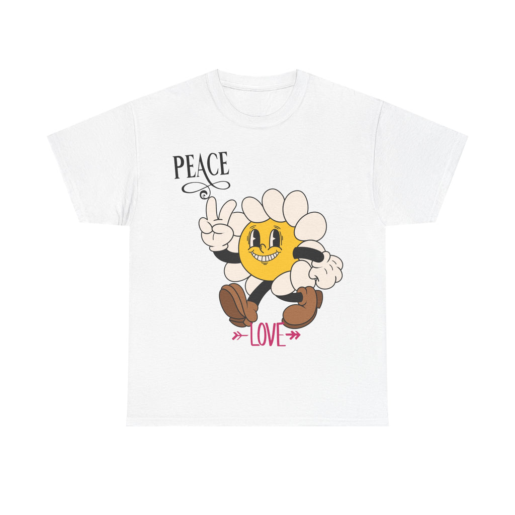 Peace & Love Daisy Character T-Shirt — Retro Smiley Flower Tee