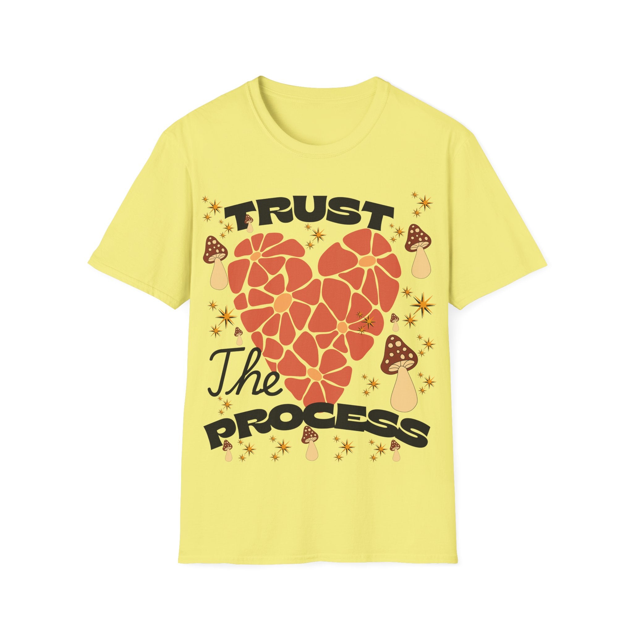 Trust The Process Heart T-Shirt — Positive Motivation Tee with Mushroom & Mosaic Heart Design